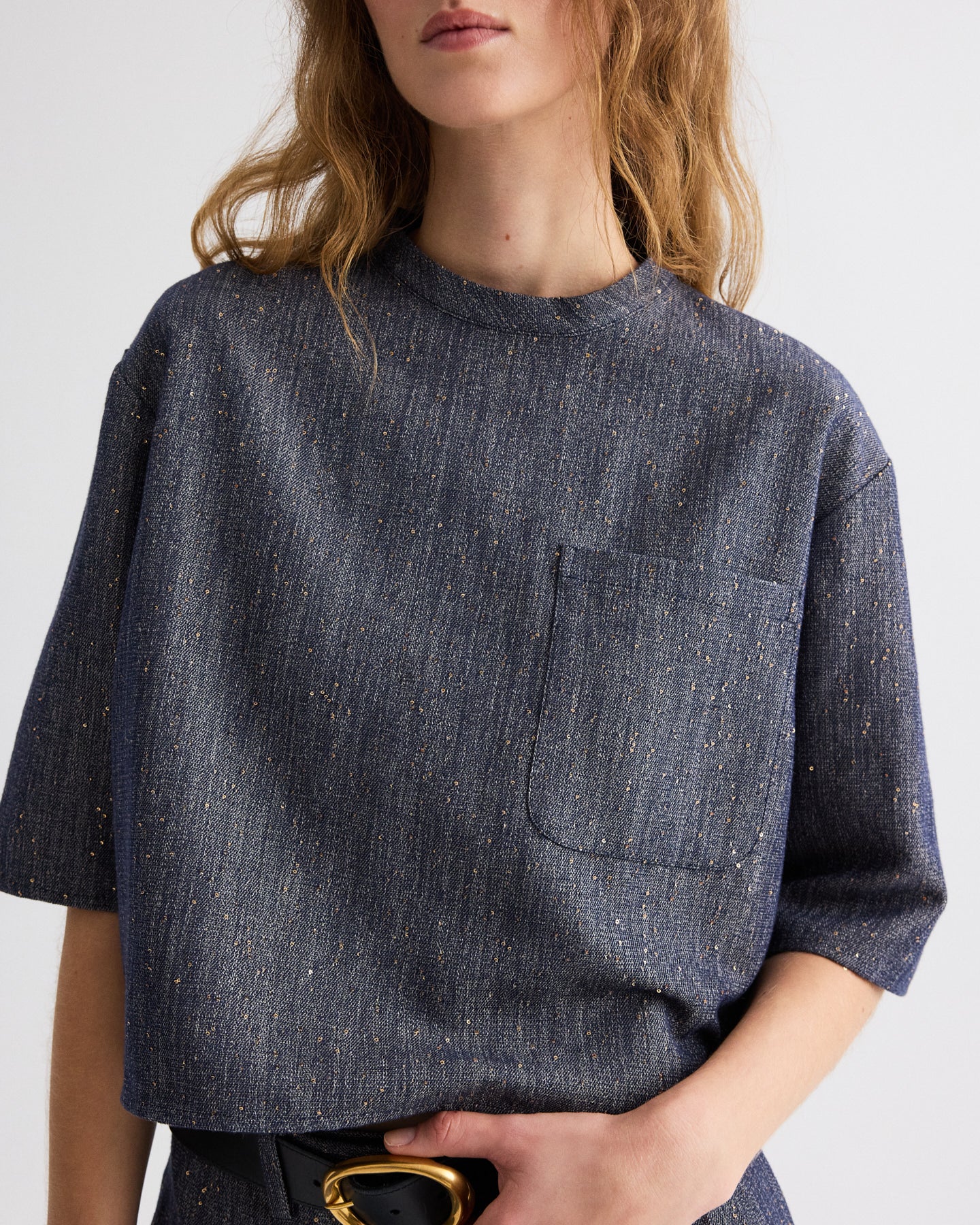 TWP Medium indigo / gold Ex T in Sequined Denim view 1