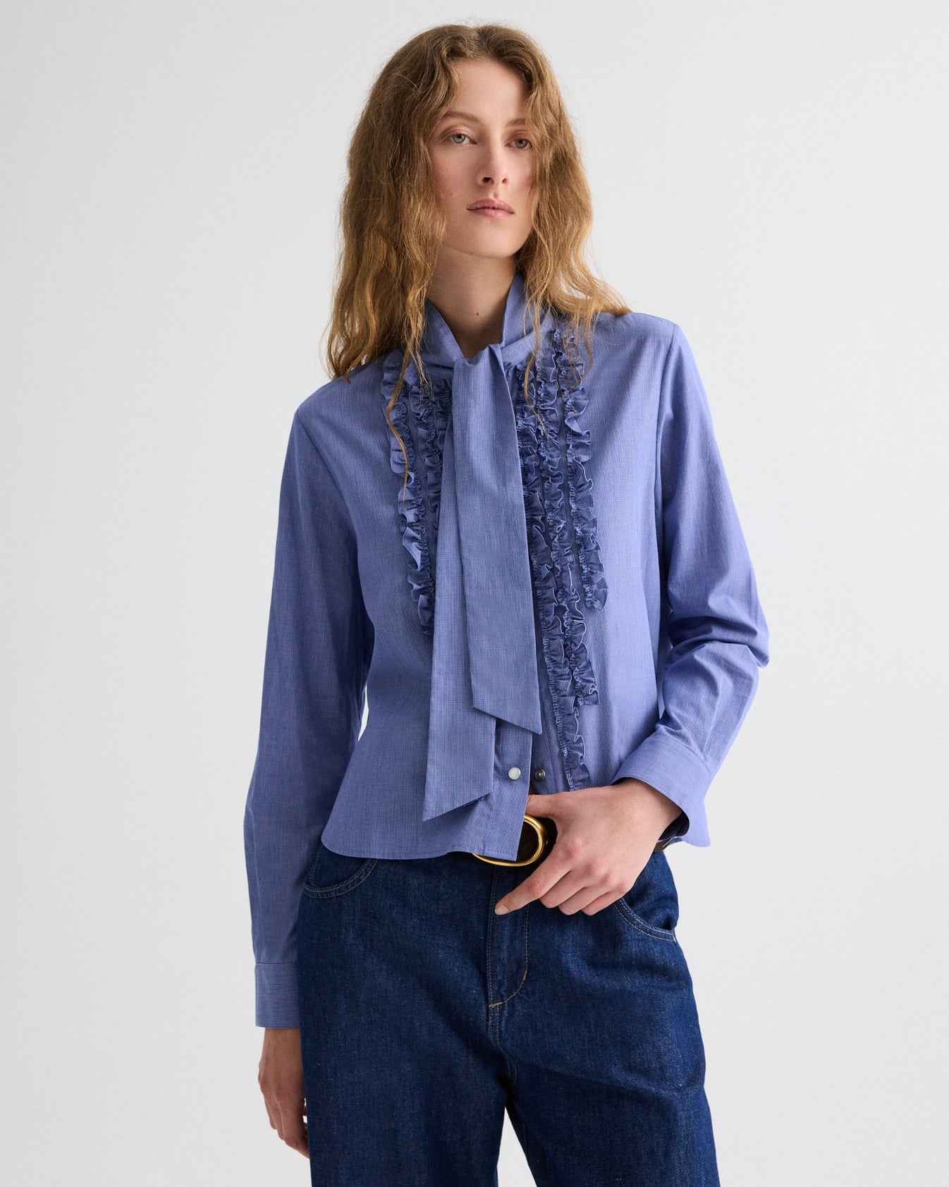 TWP White / navy Connor Top in Micro Check view 1