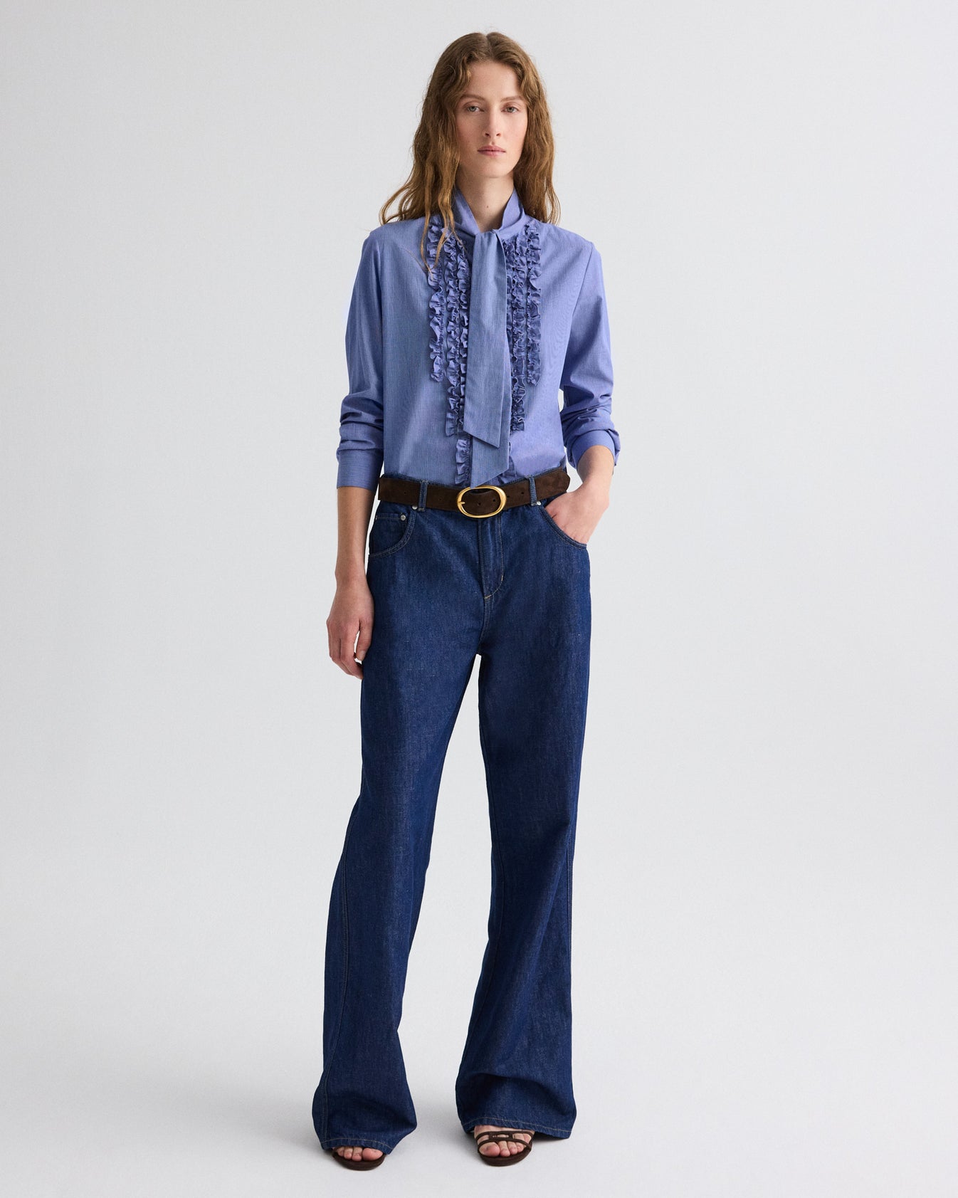 TWP White / navy Connor Top in Micro Check view 3