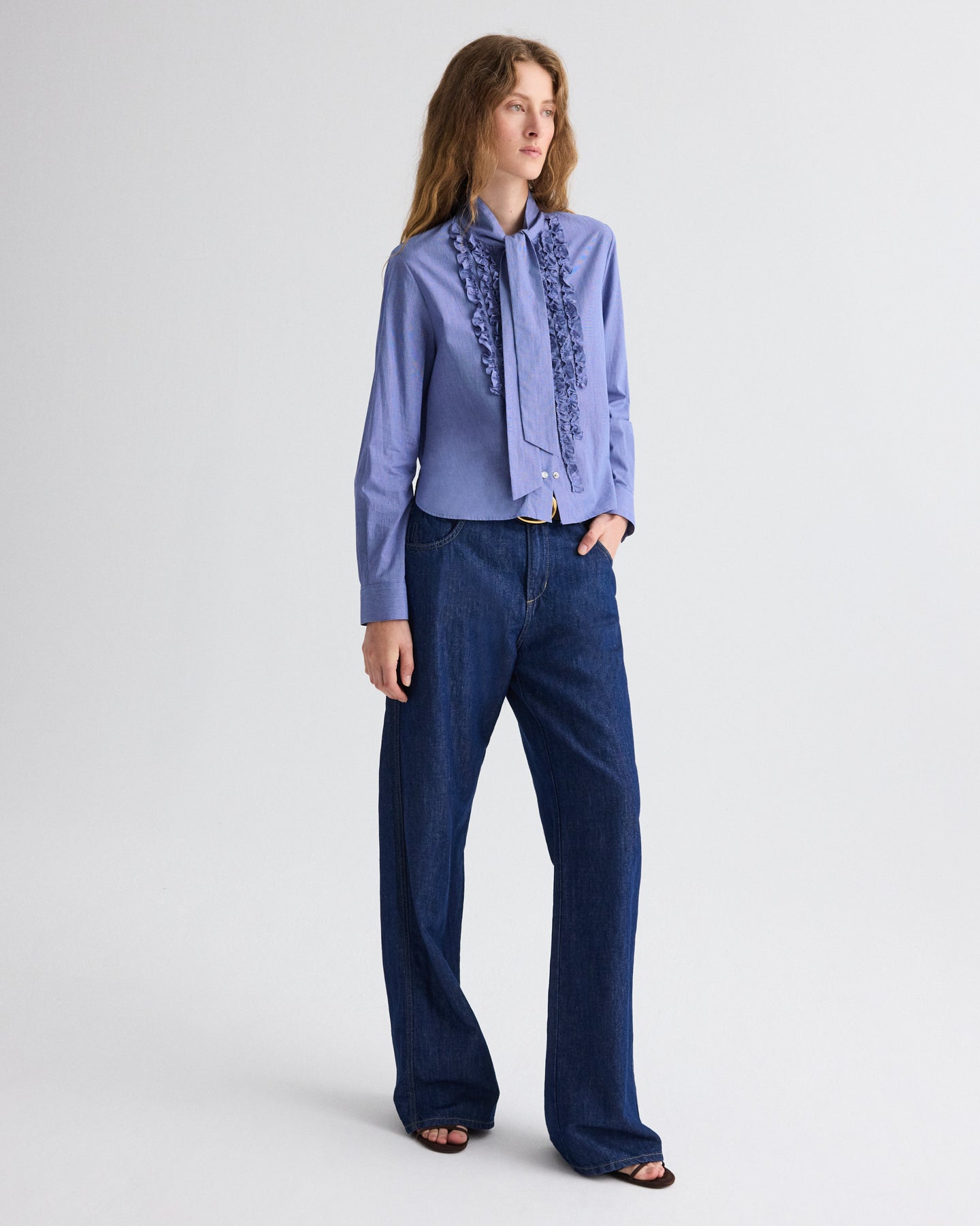 TWP White / navy Connor Top in Micro Check view 4