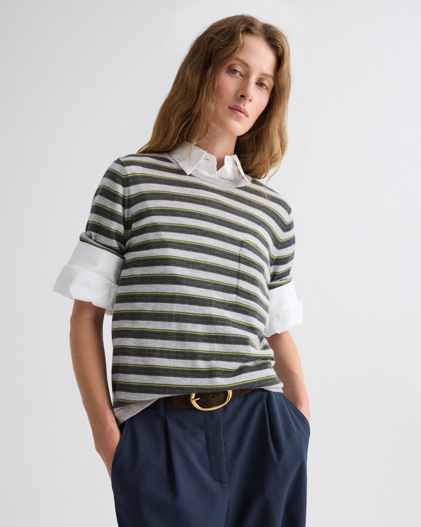 TWP Beetle multi Striped True Crewneck in Superfine Cashmere view 2