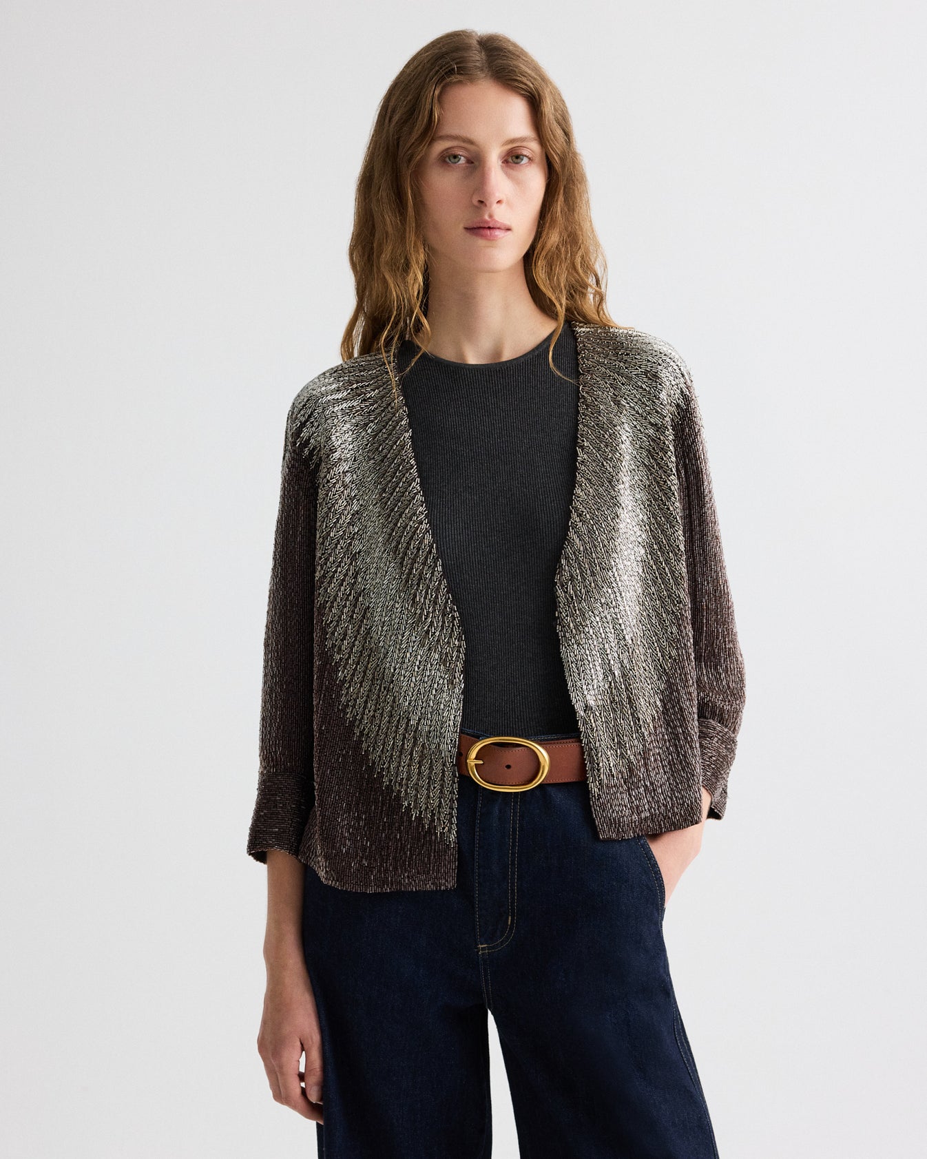 TWP Dark chocolate / gunmetal She Talks to Angels Jacket in Bugle Beads view 1