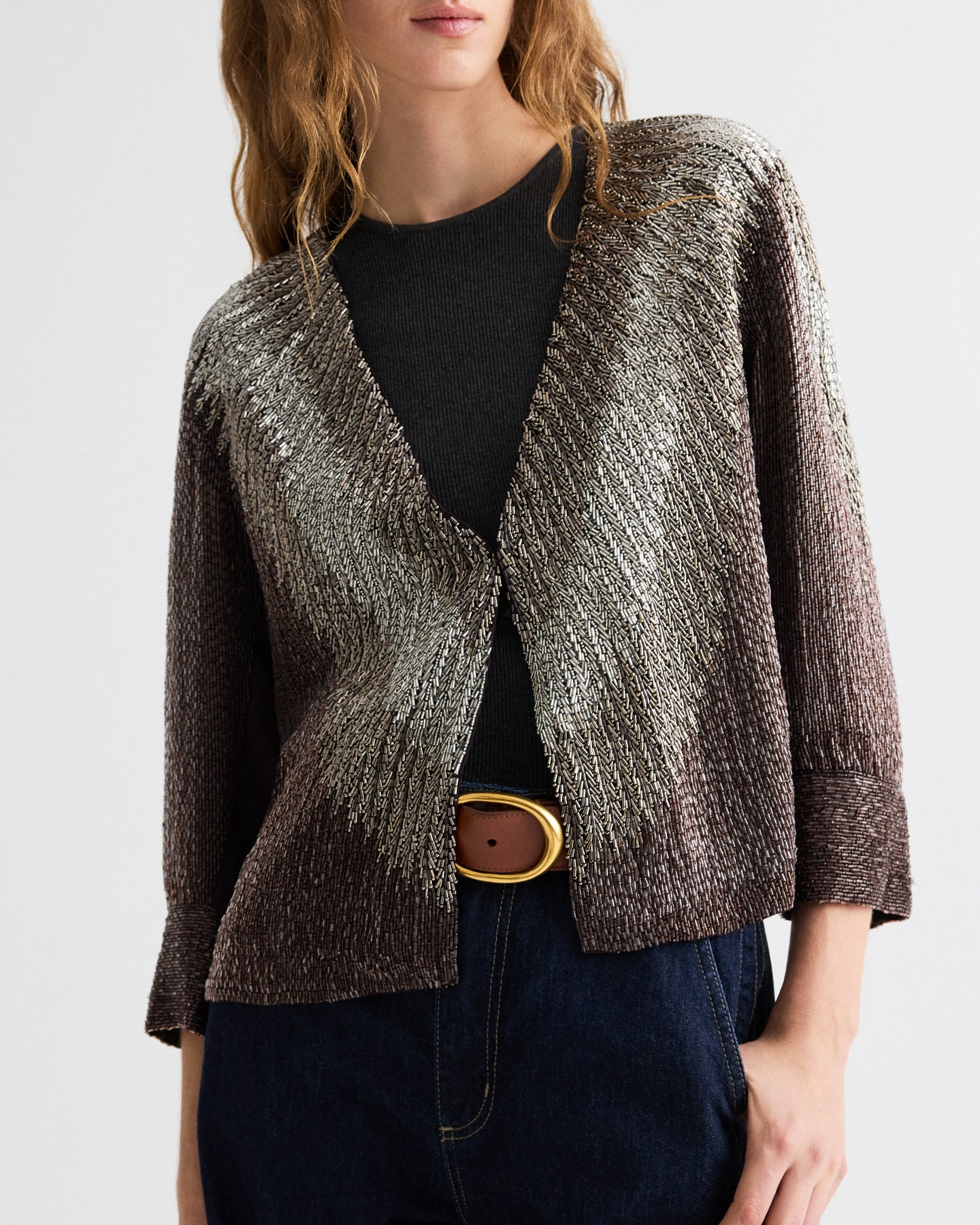 TWP Dark chocolate / gunmetal She Talks to Angels Jacket in Bugle Beads view 1