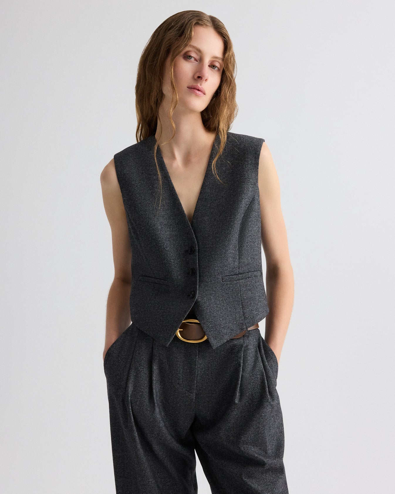 TWP Medium heather grey Mila Vest in Fancy Wool Flannel view 1