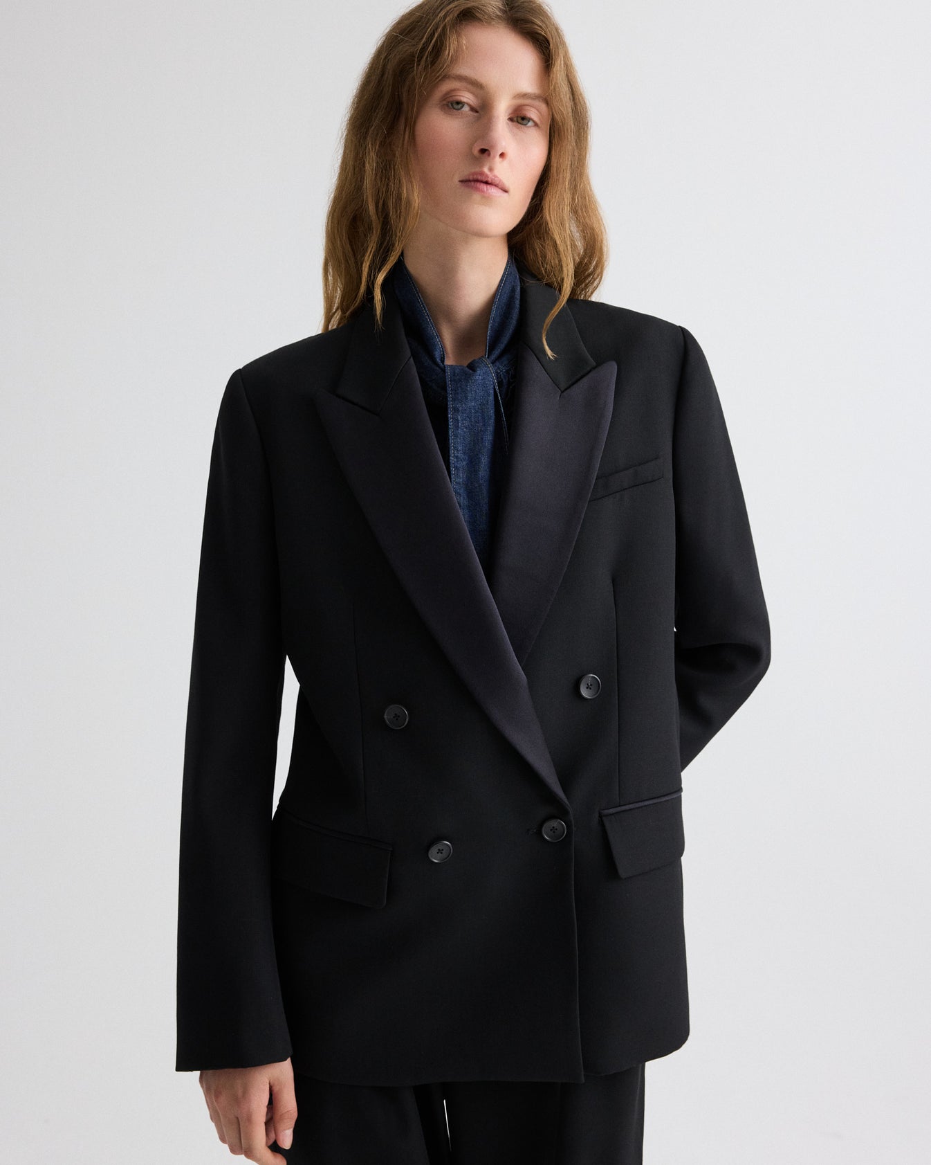 TWP Black Harper Blazer in Compact Tux Suiting view 1