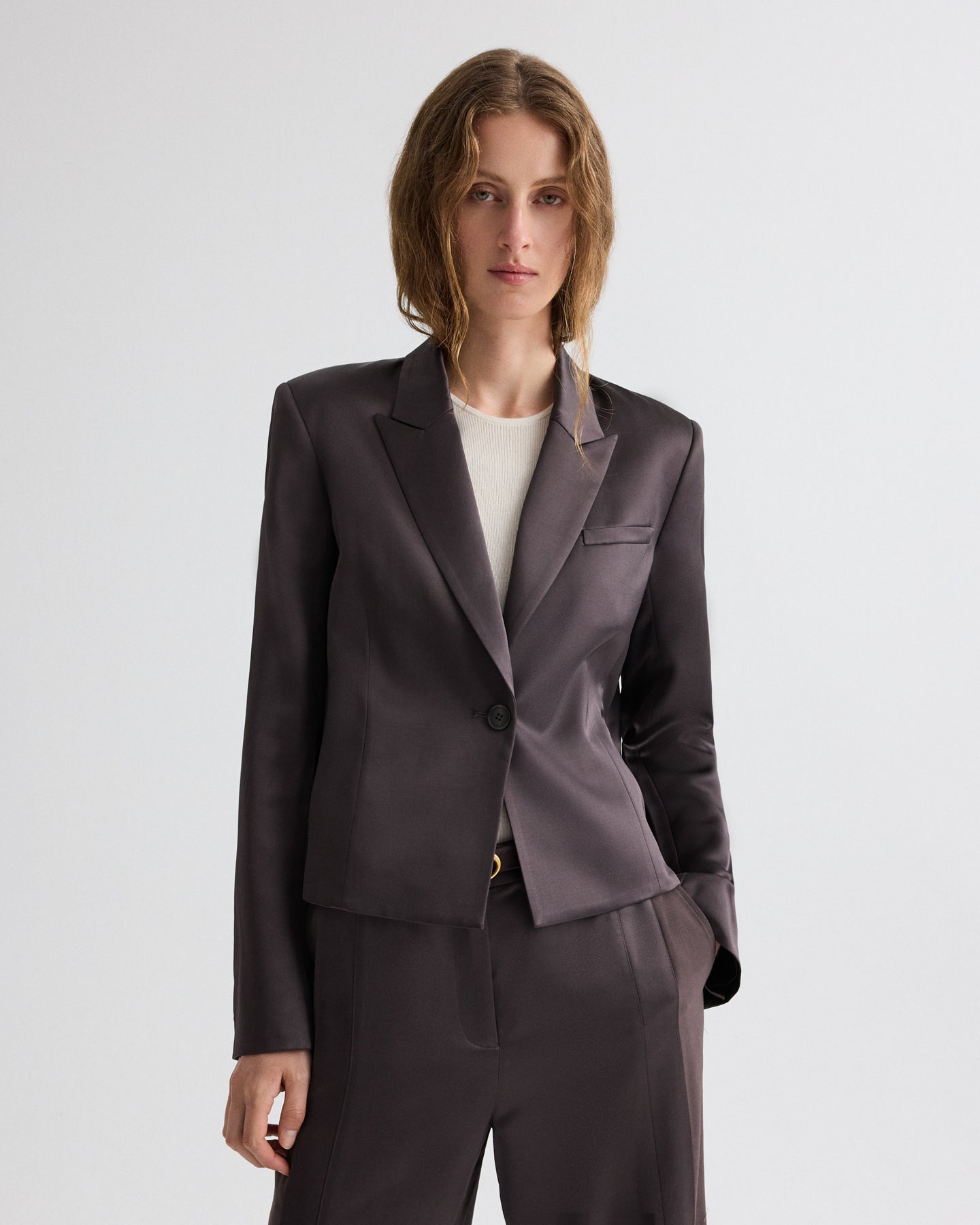 TWP Chocolate torte Sawyer Blazer in Shiny Viscose Wool Satin view 1