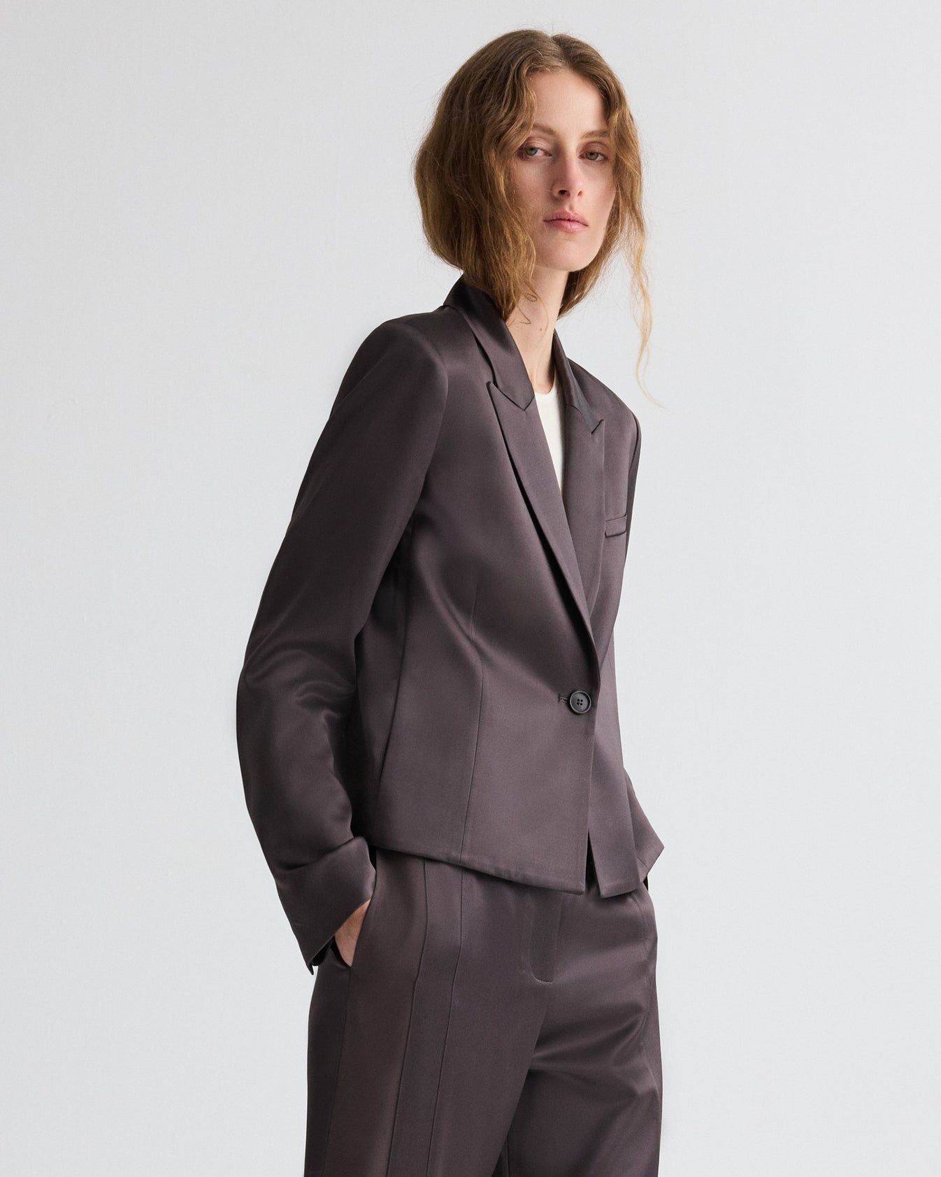 TWP Chocolate torte Sawyer Blazer in Shiny Viscose Wool Satin view 1