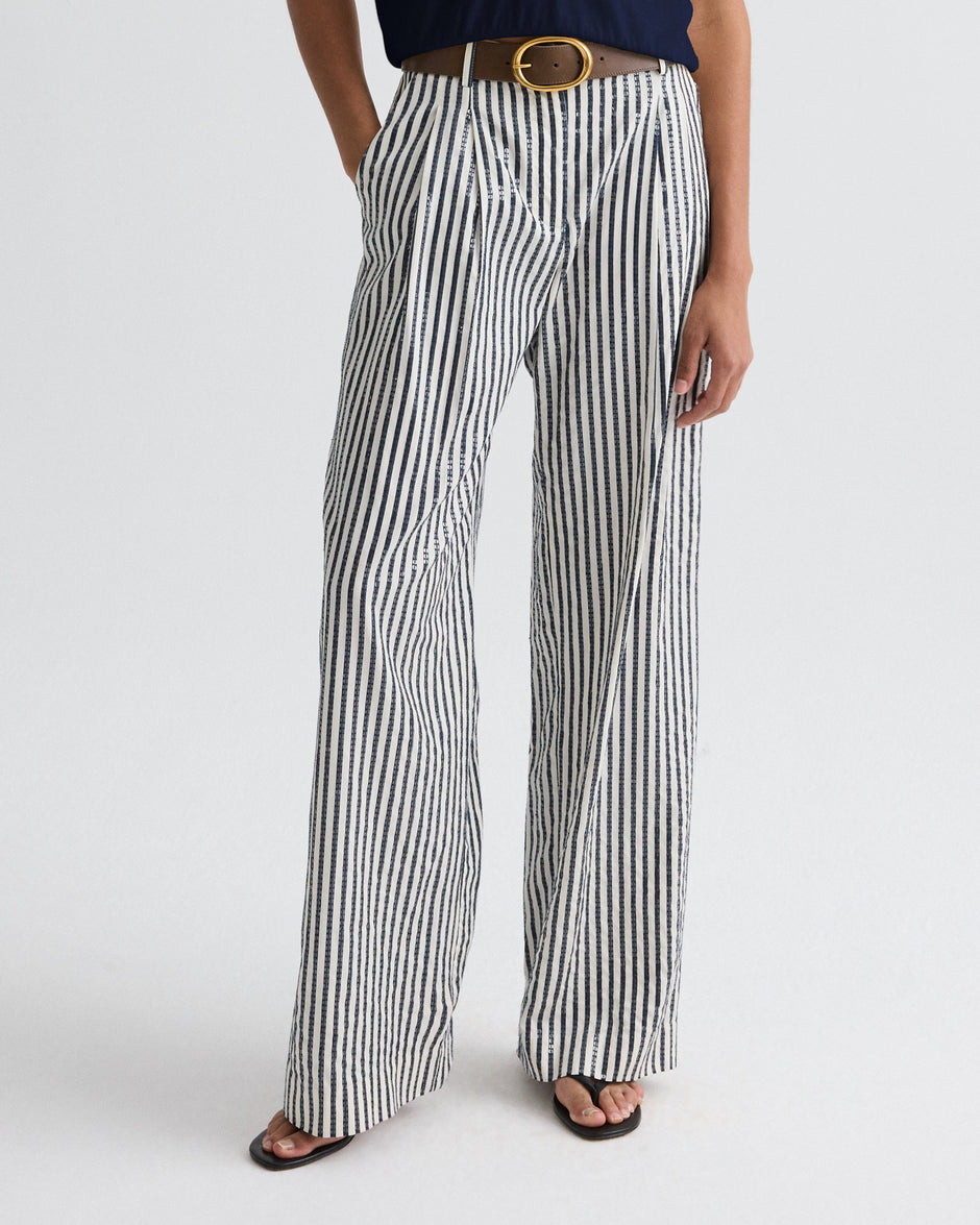 TWP Indigo / white Sulli Pant in Clear Sequin on Stripe view 1
