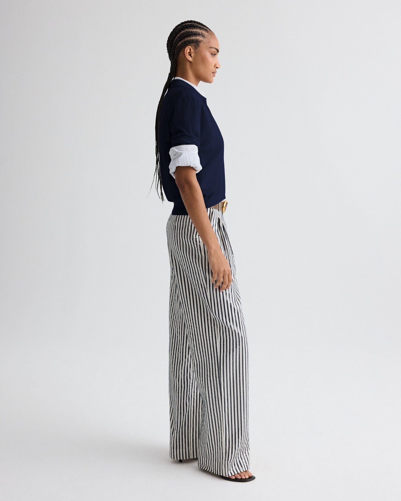 TWP Indigo / white Sulli Pant in Clear Sequin on Stripe view 4