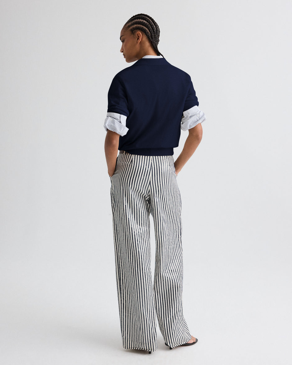 TWP Indigo / white Sulli Pant in Clear Sequin on Stripe view 5