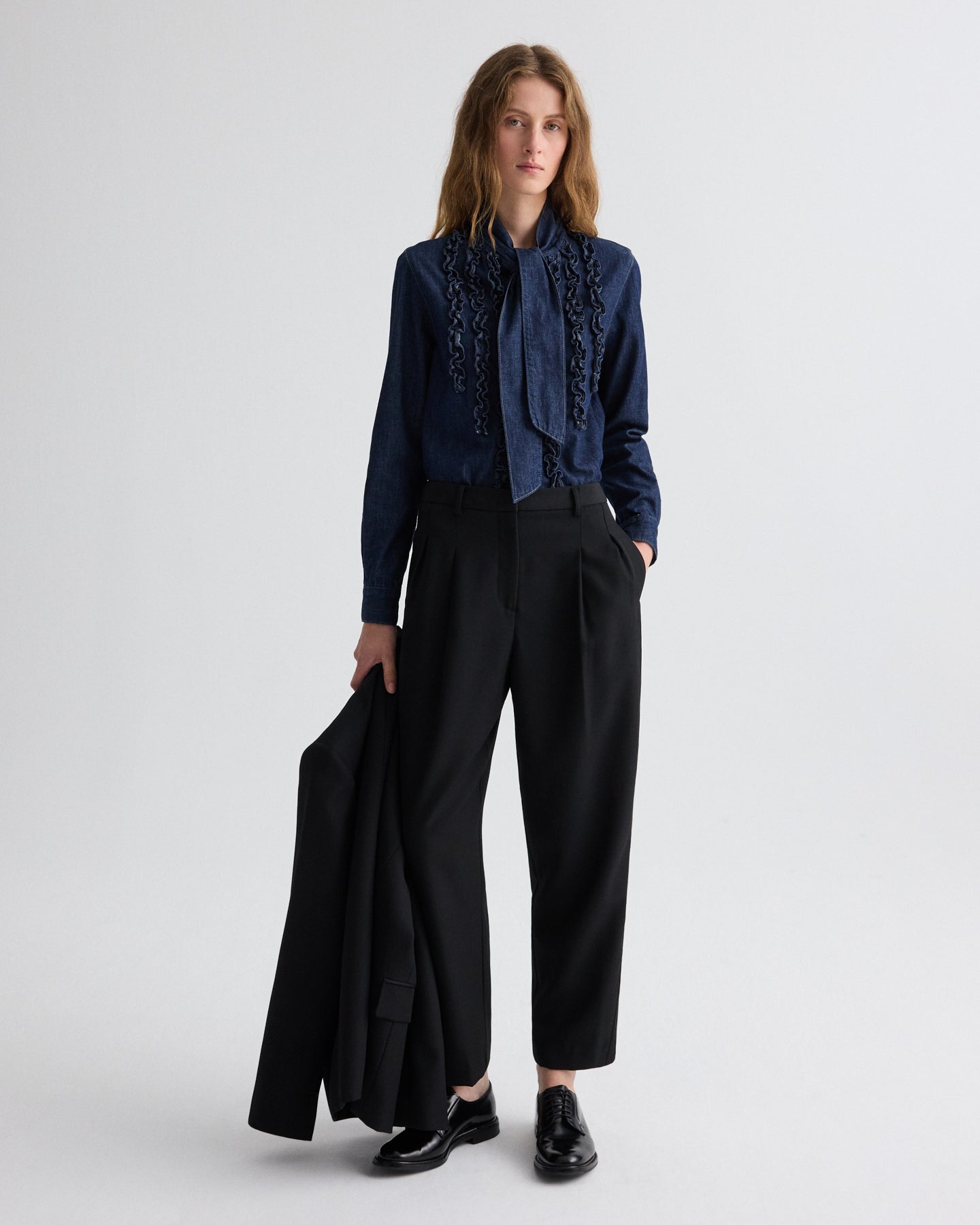 TWP Black Cornelia St. Pant with Tux Stripe in Compact Suiting view 3