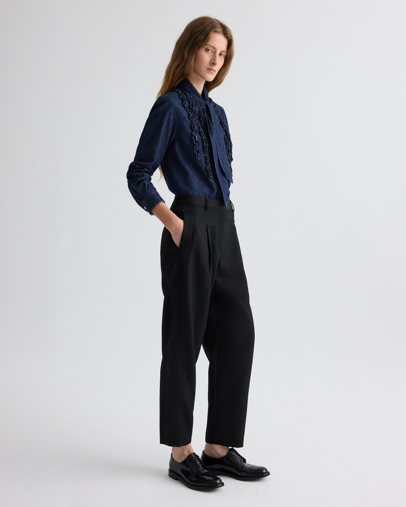 TWP Black Cornelia St. Pant with Tux Stripe in Compact Suiting view 4