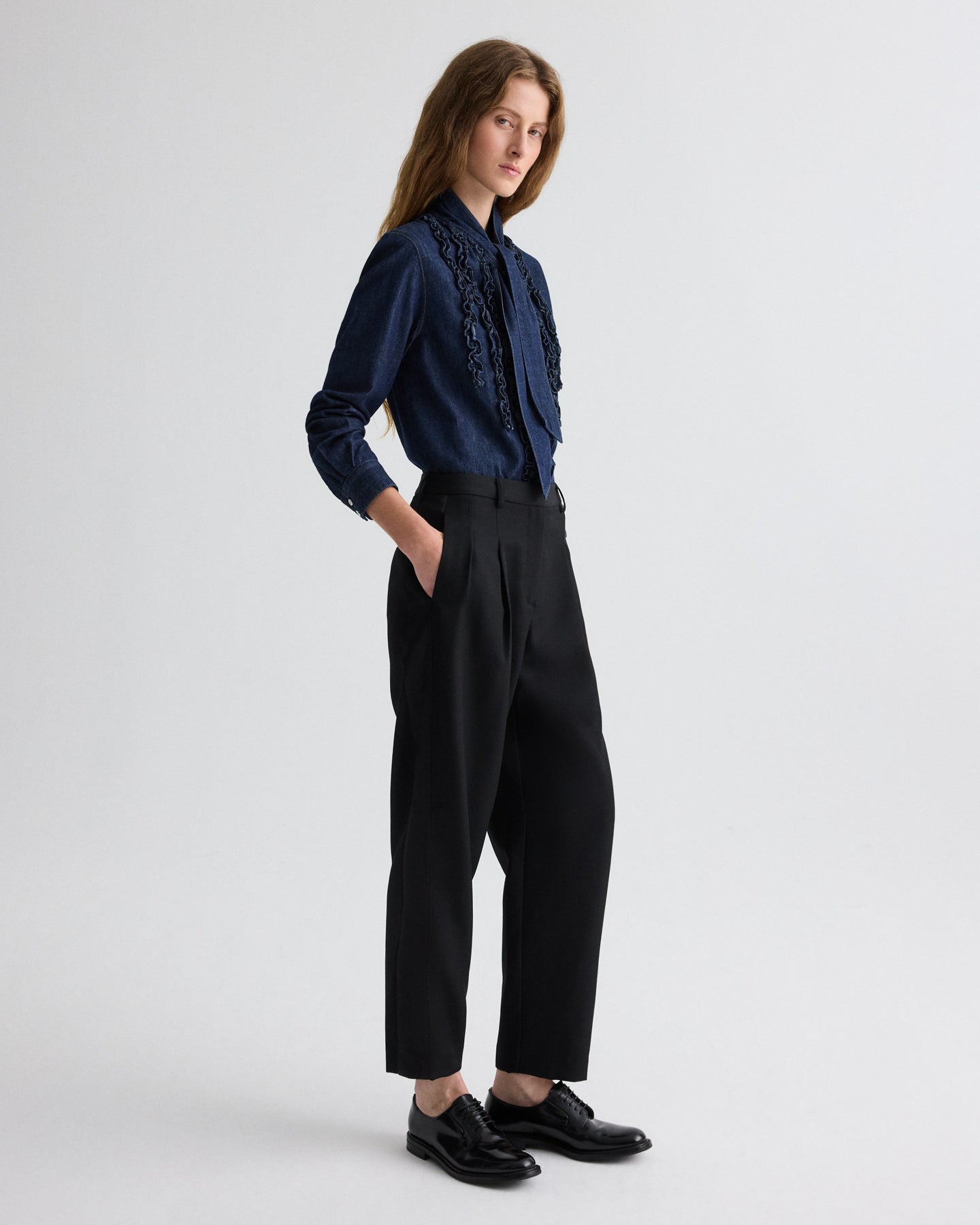 TWP Black Cornelia St. Pant with Tux Stripe in Compact Suiting view 4