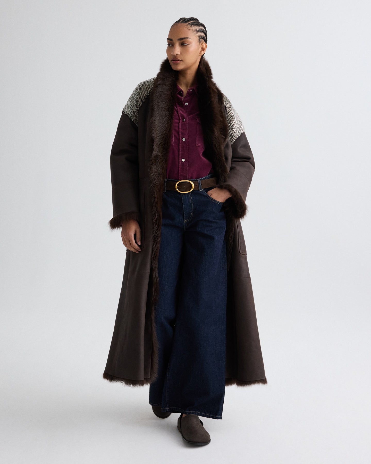 Dark chocolate / gunmetal She Talks to Angels Shearling Coat | TWP