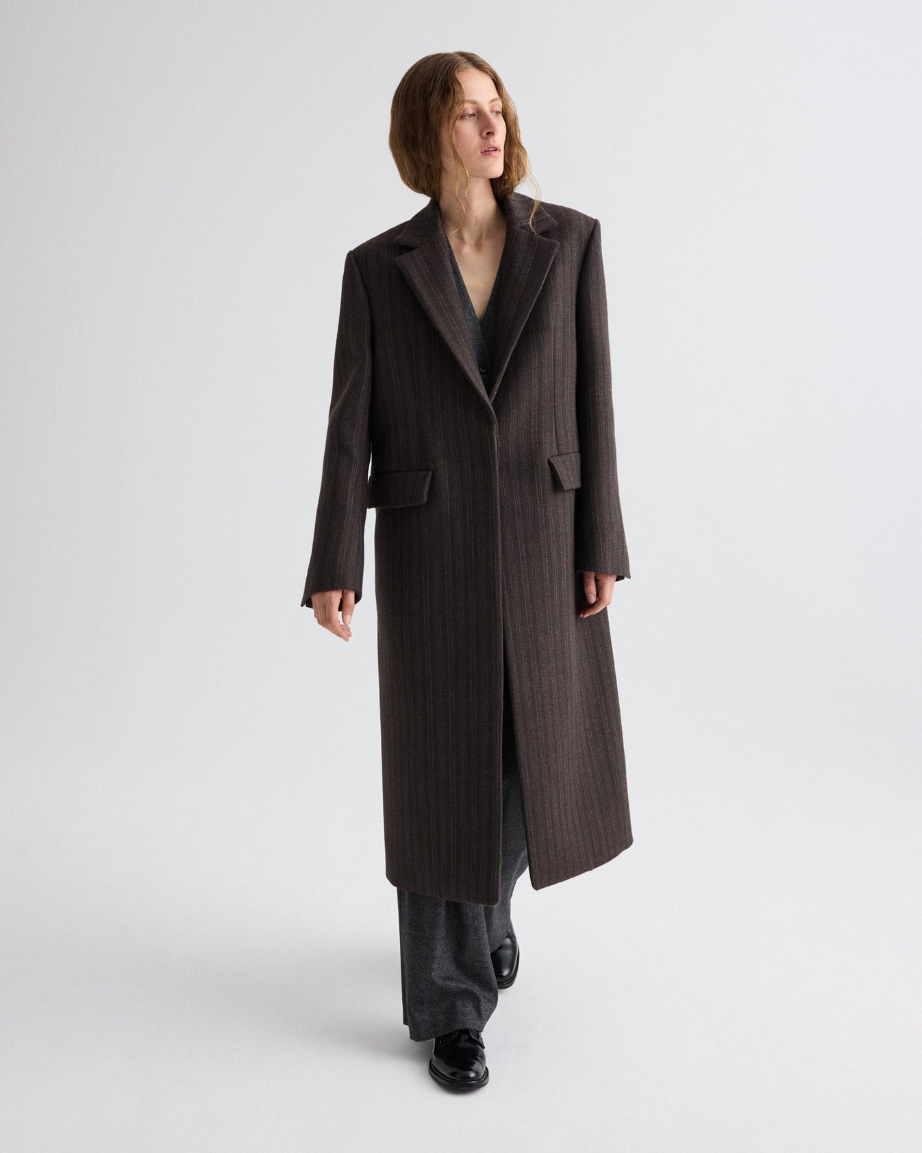 TWP Dark chocolate Mattie Coat in Dotted Stripe Suiting view 1