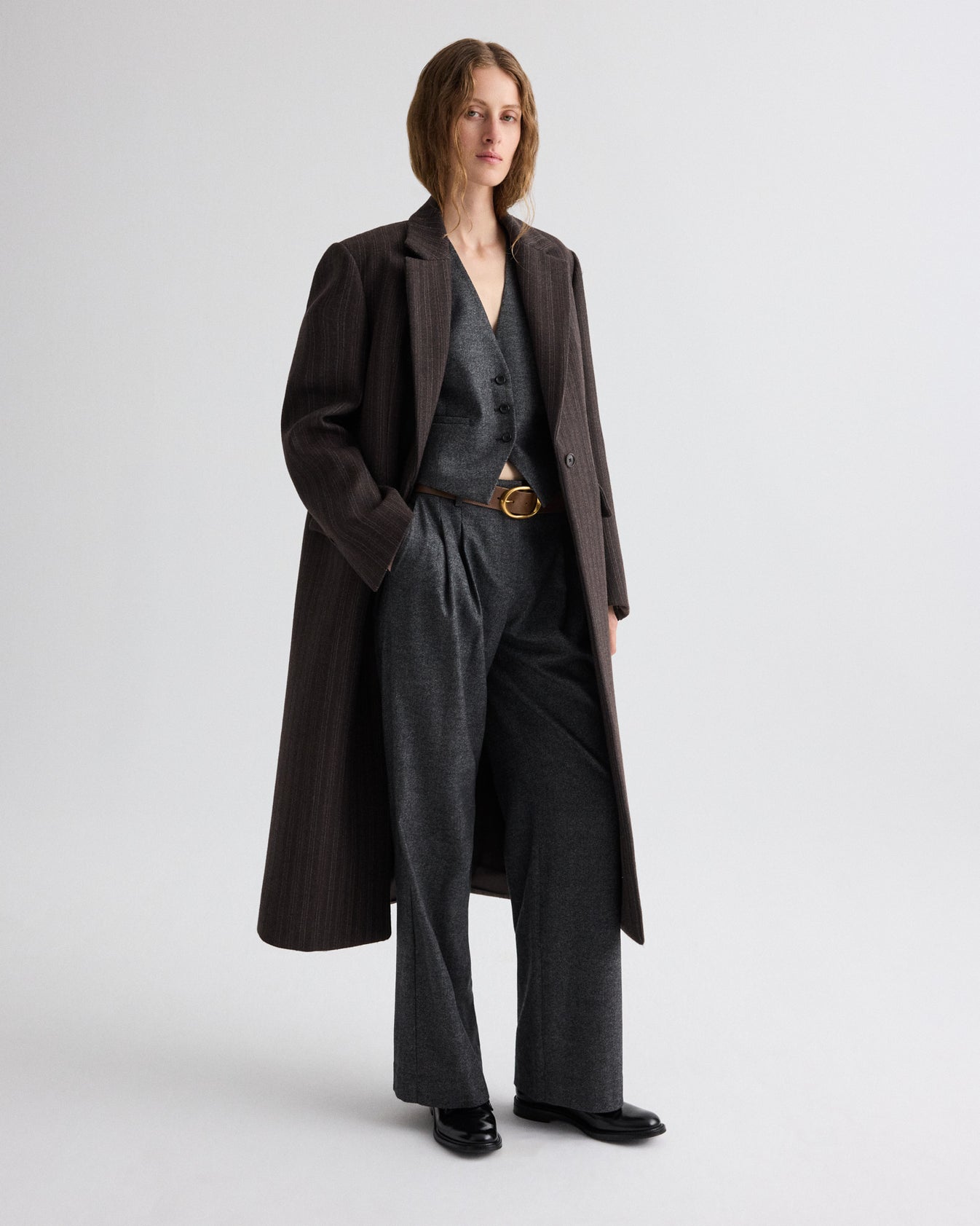TWP Dark chocolate Mattie Coat in Dotted Stripe Suiting view 3