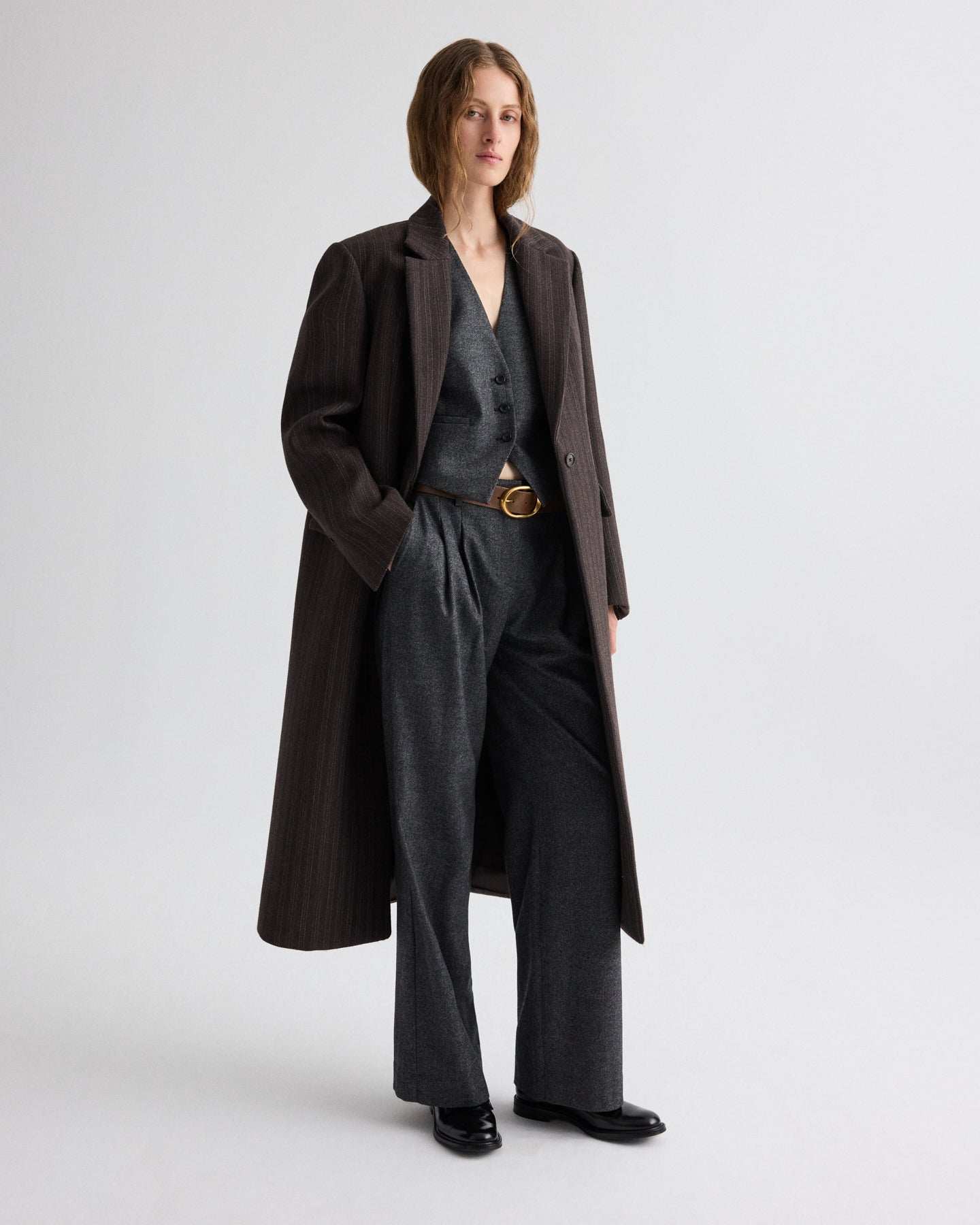 TWP Dark chocolate Mattie Coat in Dotted Stripe Suiting view 3