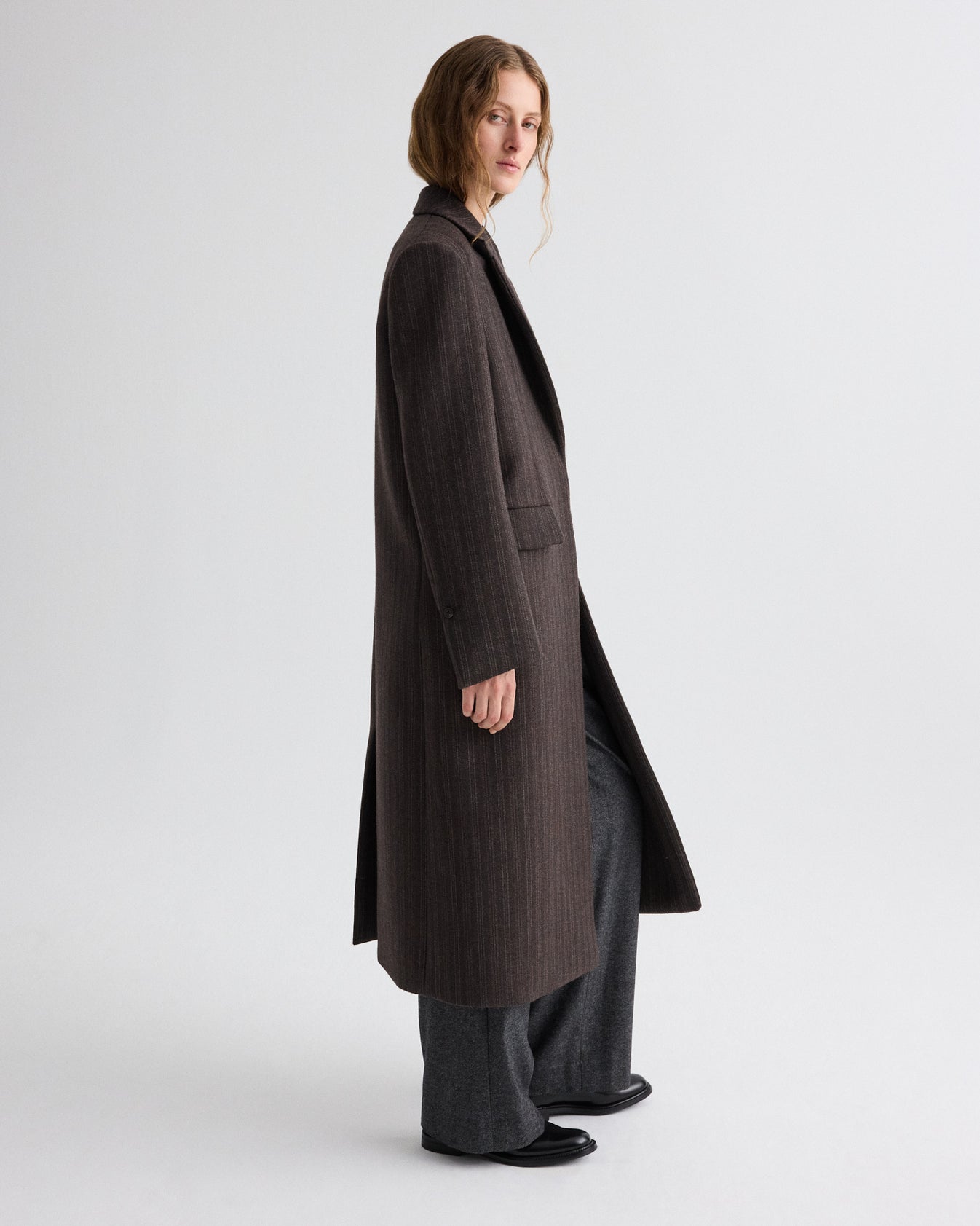 TWP Dark chocolate Mattie Coat in Dotted Stripe Suiting view 4