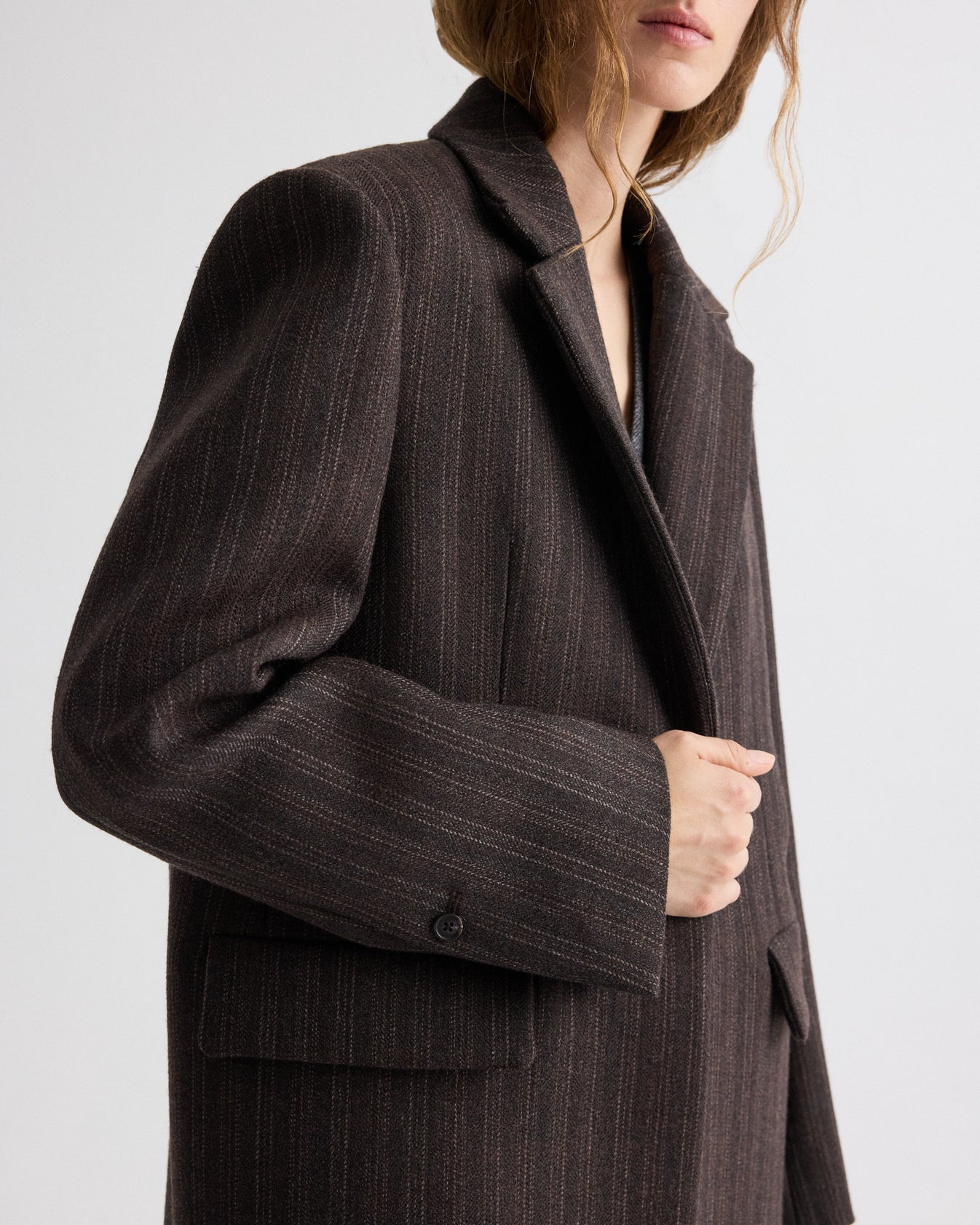TWP Dark chocolate Mattie Coat in Dotted Stripe Suiting view 2