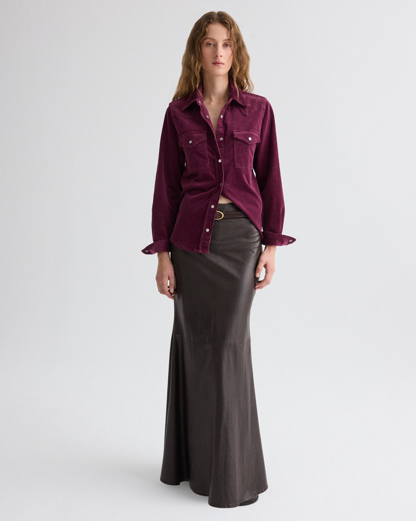 TWP Mauve wine Cowboy Take Me Away Shirt in Baby Corduroy view 3