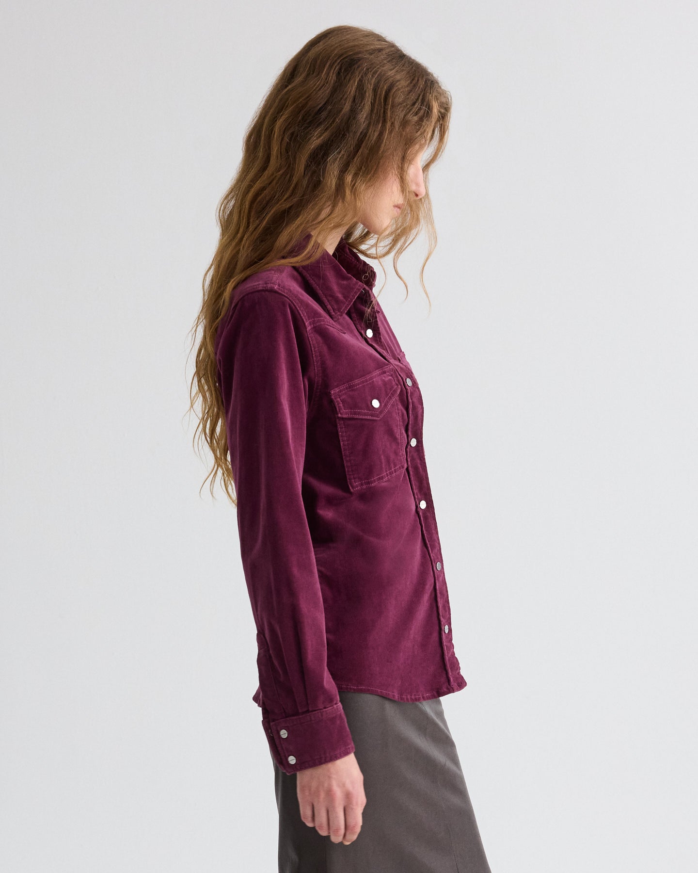 TWP Mauve wine Cowboy Take Me Away Shirt in Baby Corduroy view 4