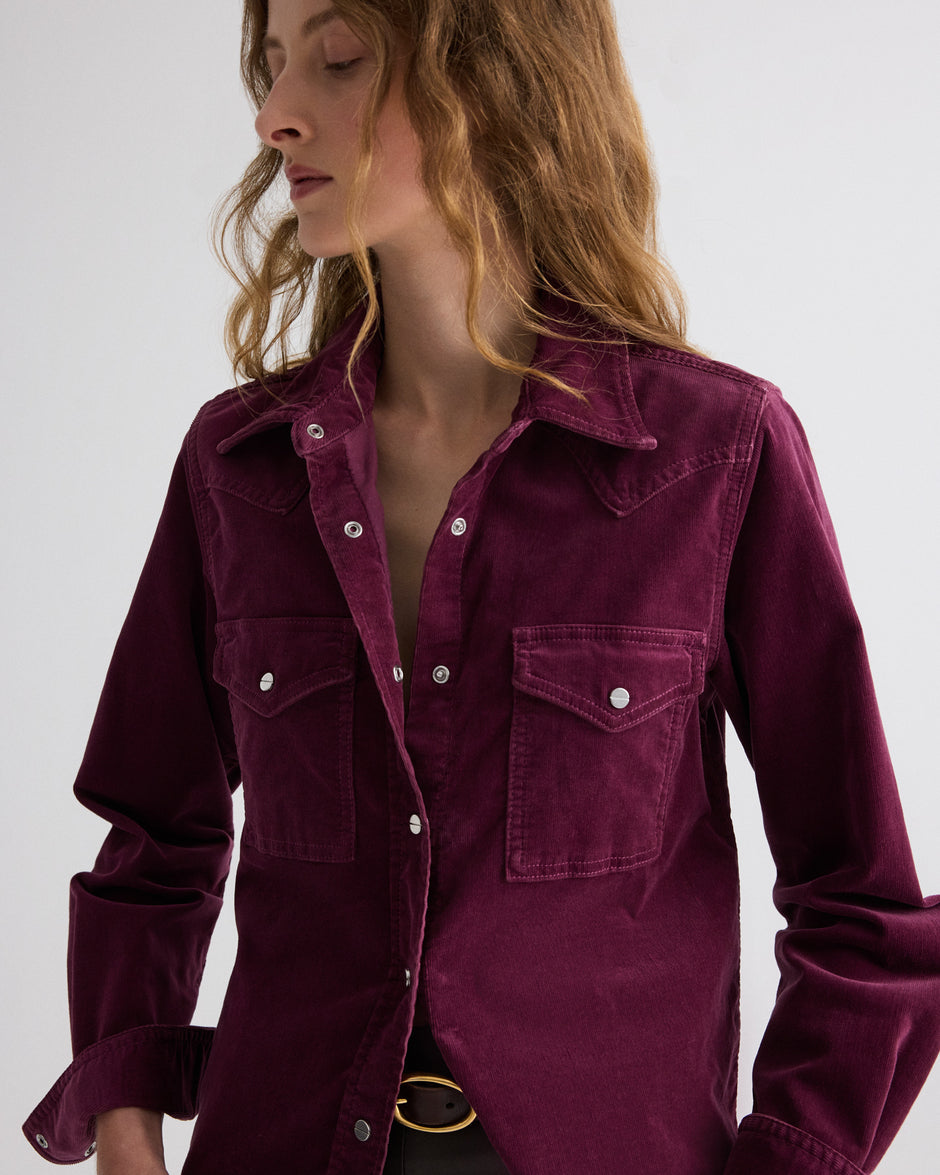 TWP Mauve wine Cowboy Take Me Away Shirt in Baby Corduroy view 2