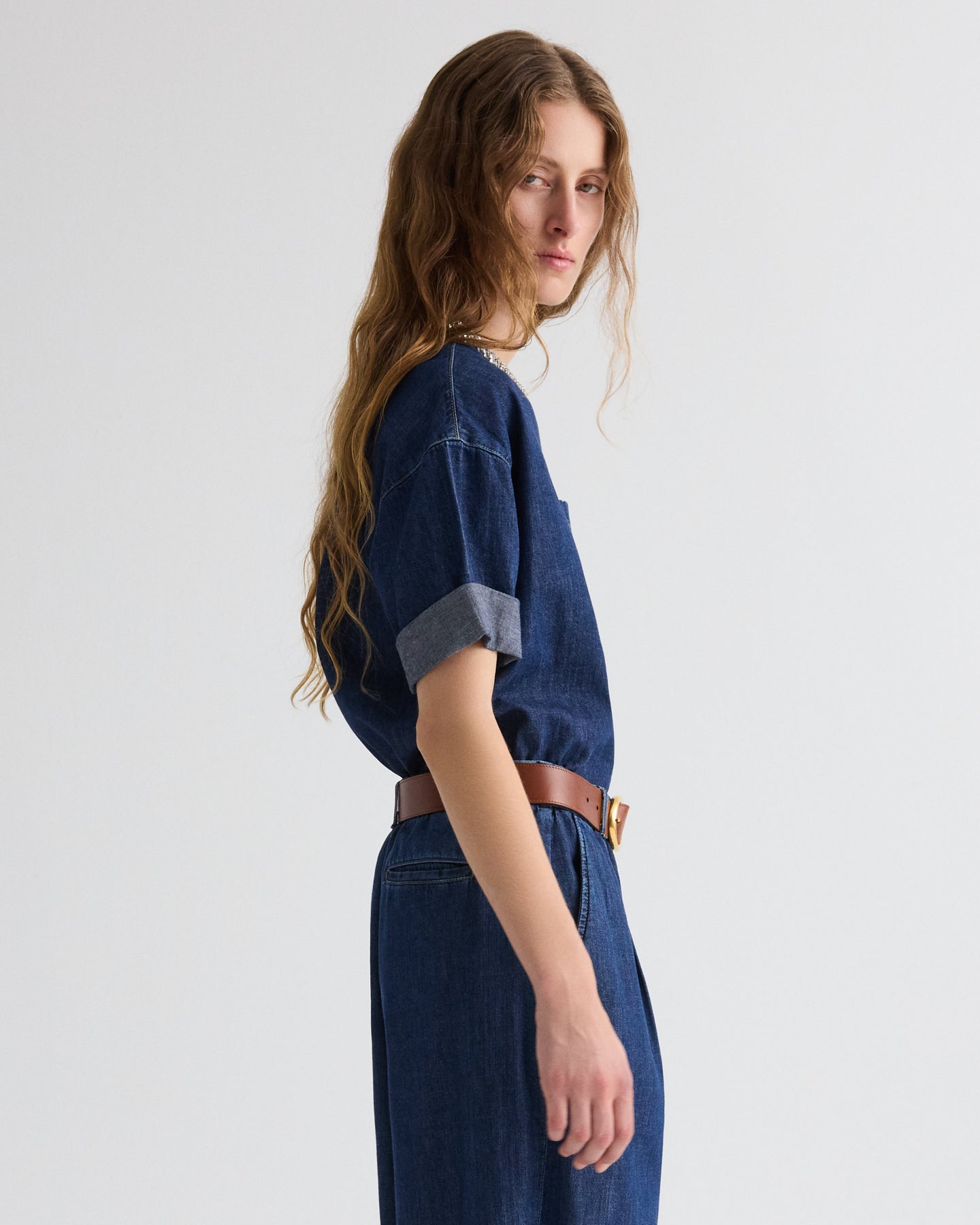 Dark stone Ex T with Crystal Collar in Denim Shirting | TWP