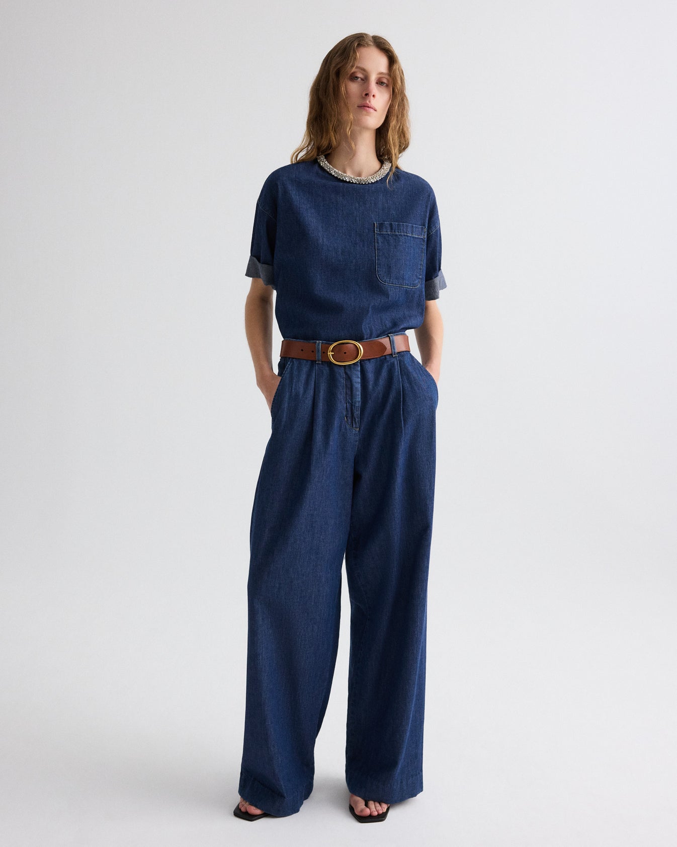 TWP Dark stone Ex T with Crystal Collar in Denim Shirting view 1