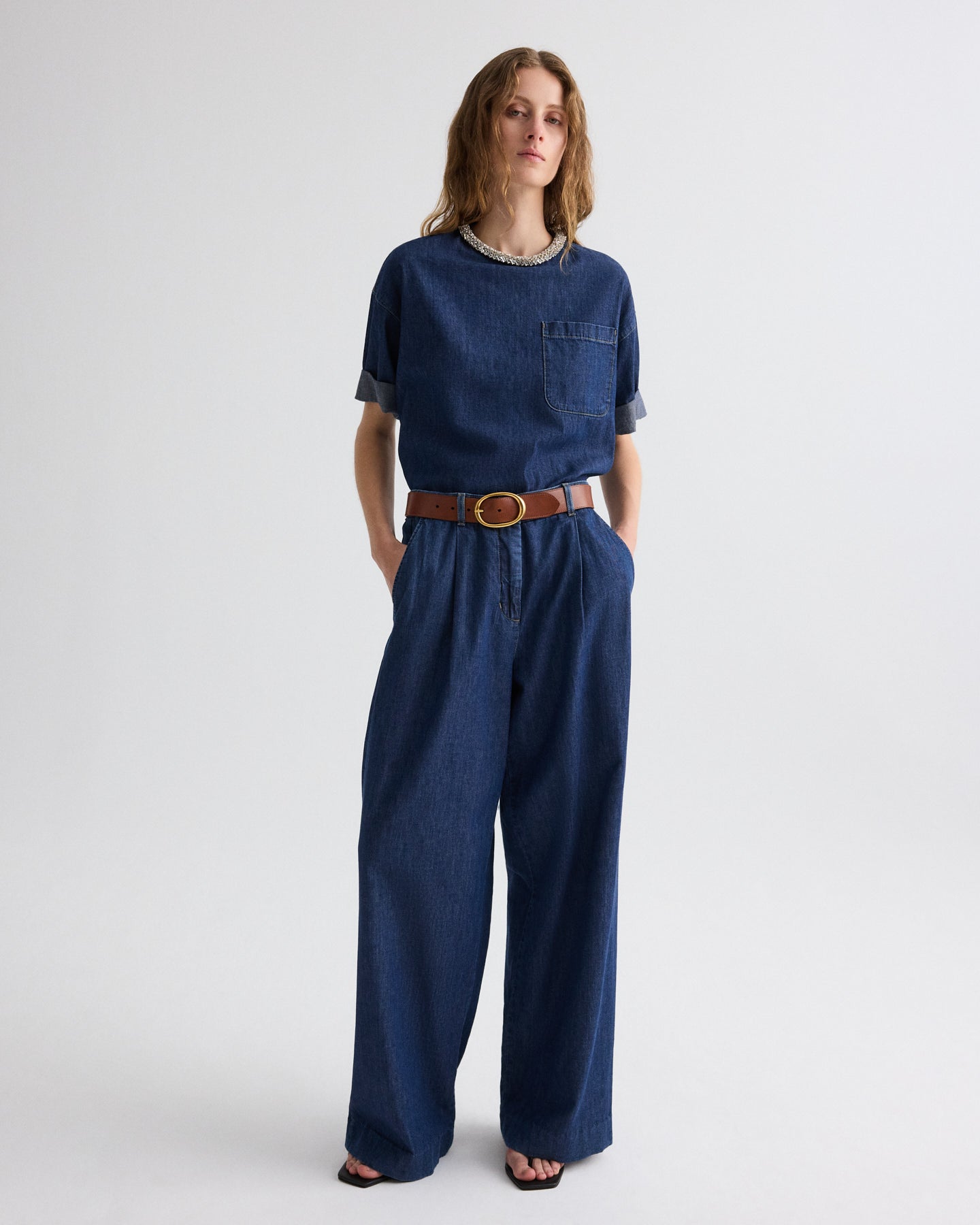 TWP Dark stone Ex T with Crystal Collar in Denim Shirting view 1