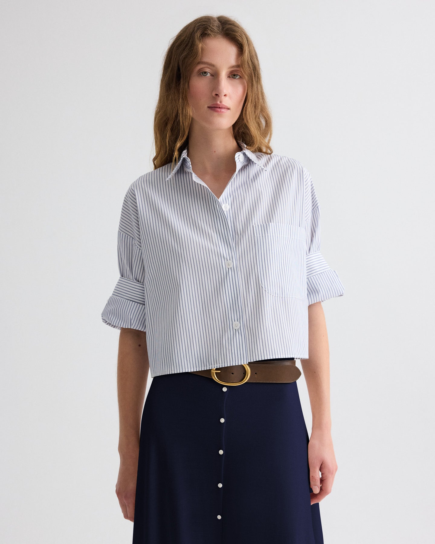 TWP White / midnight Next Ex Shirt in Microhairline Stripe view 1