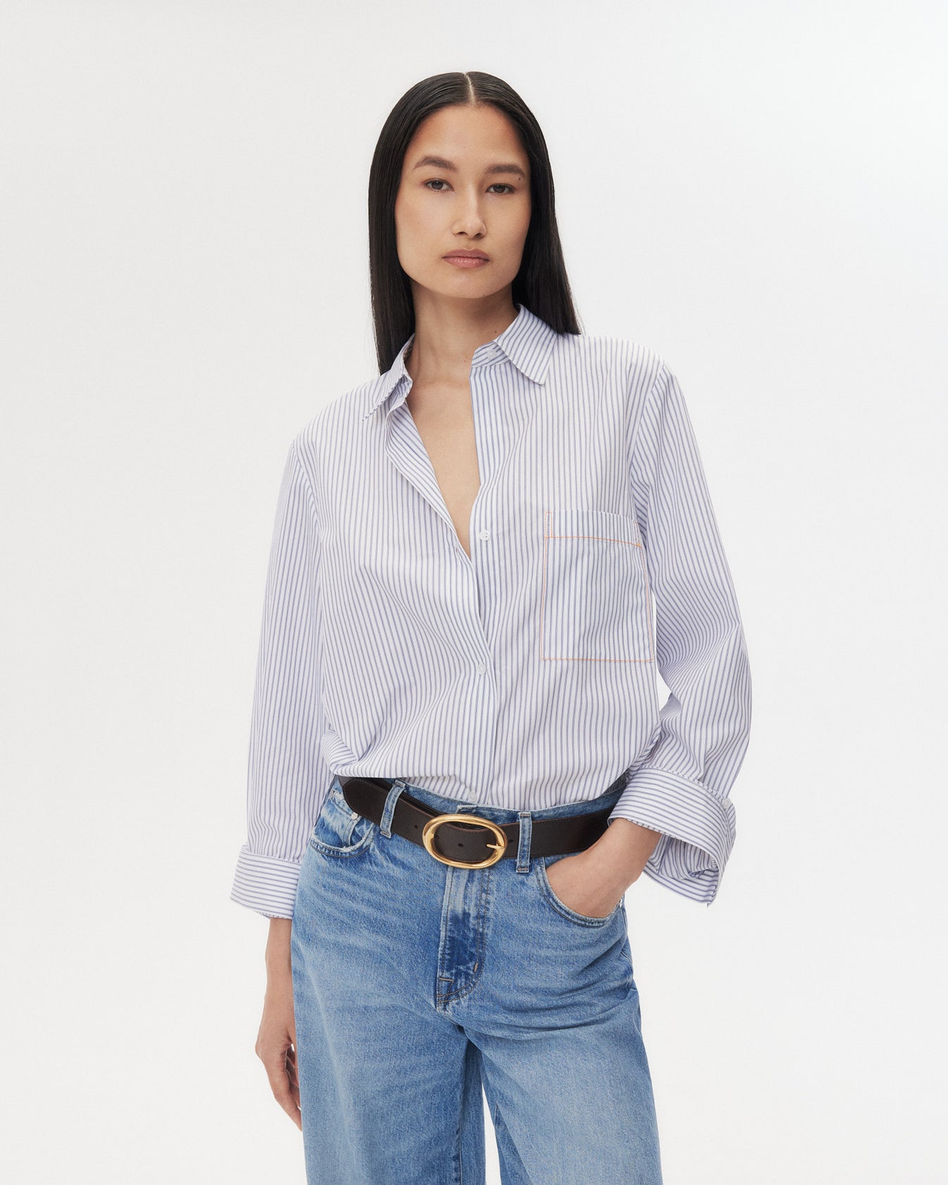 TWP White / midnight Next Morning Shirt with Stitched Pocket in Cotton Stripe view 2