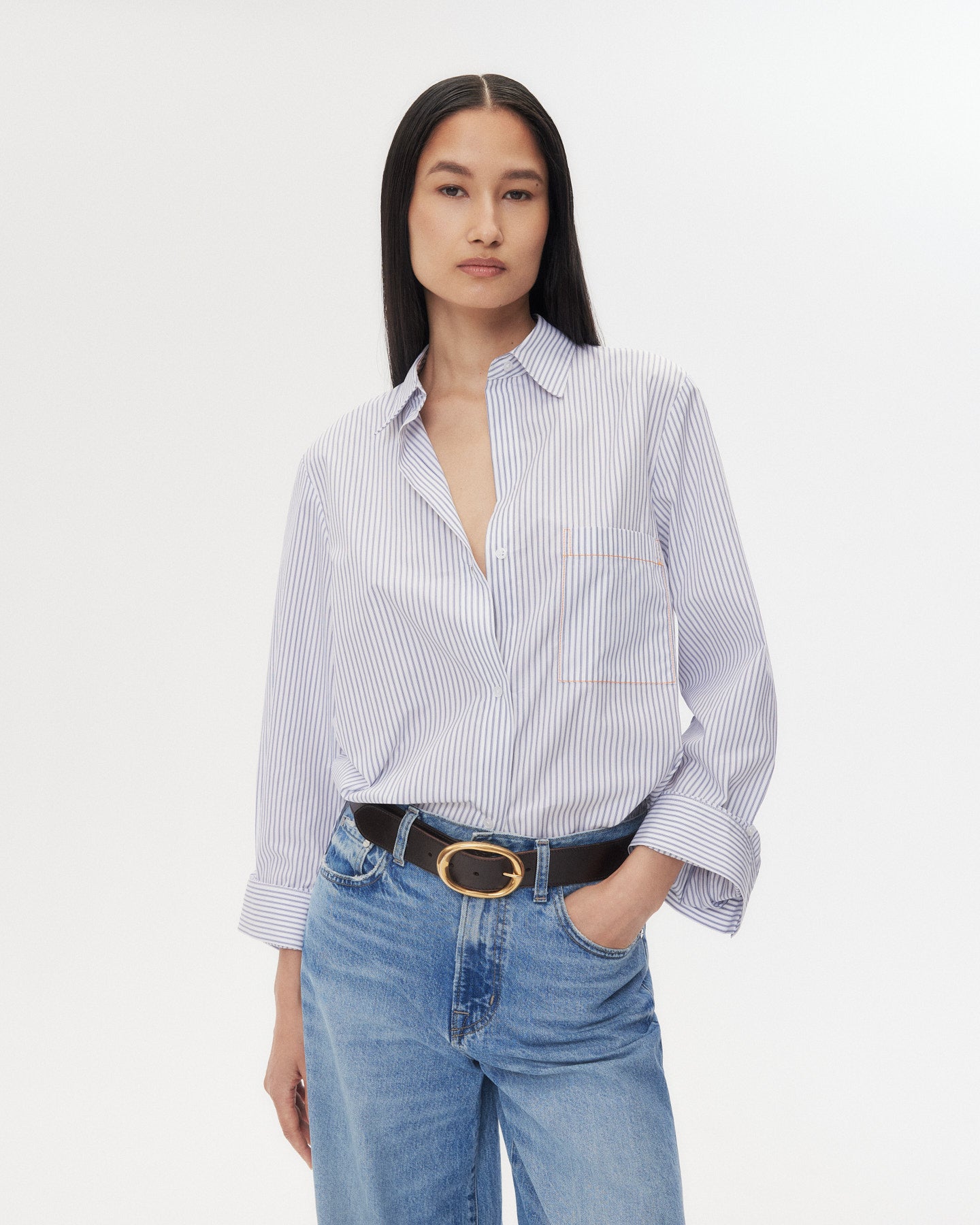 TWP White / midnight Next Morning Shirt with Stitched Pocket in Cotton Stripe view 2