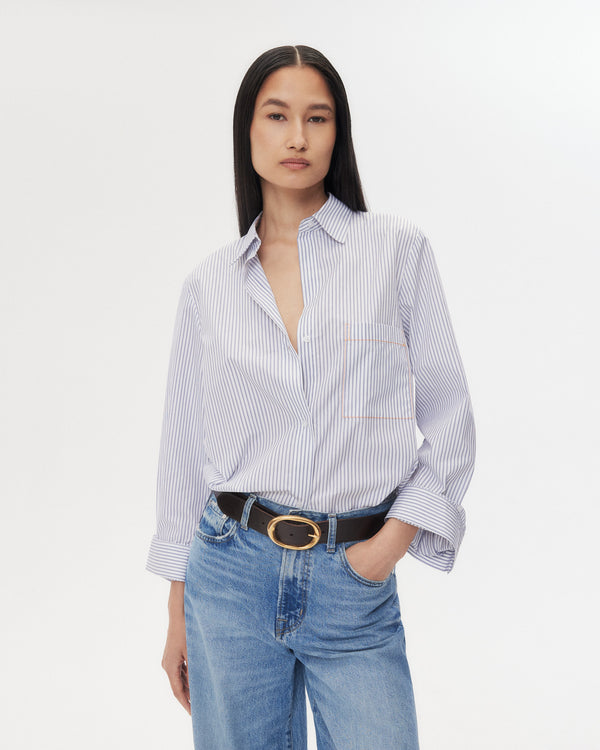 TWP White / midnight Next Morning Shirt with Stitched Pocket in Cotton Stripe view 2