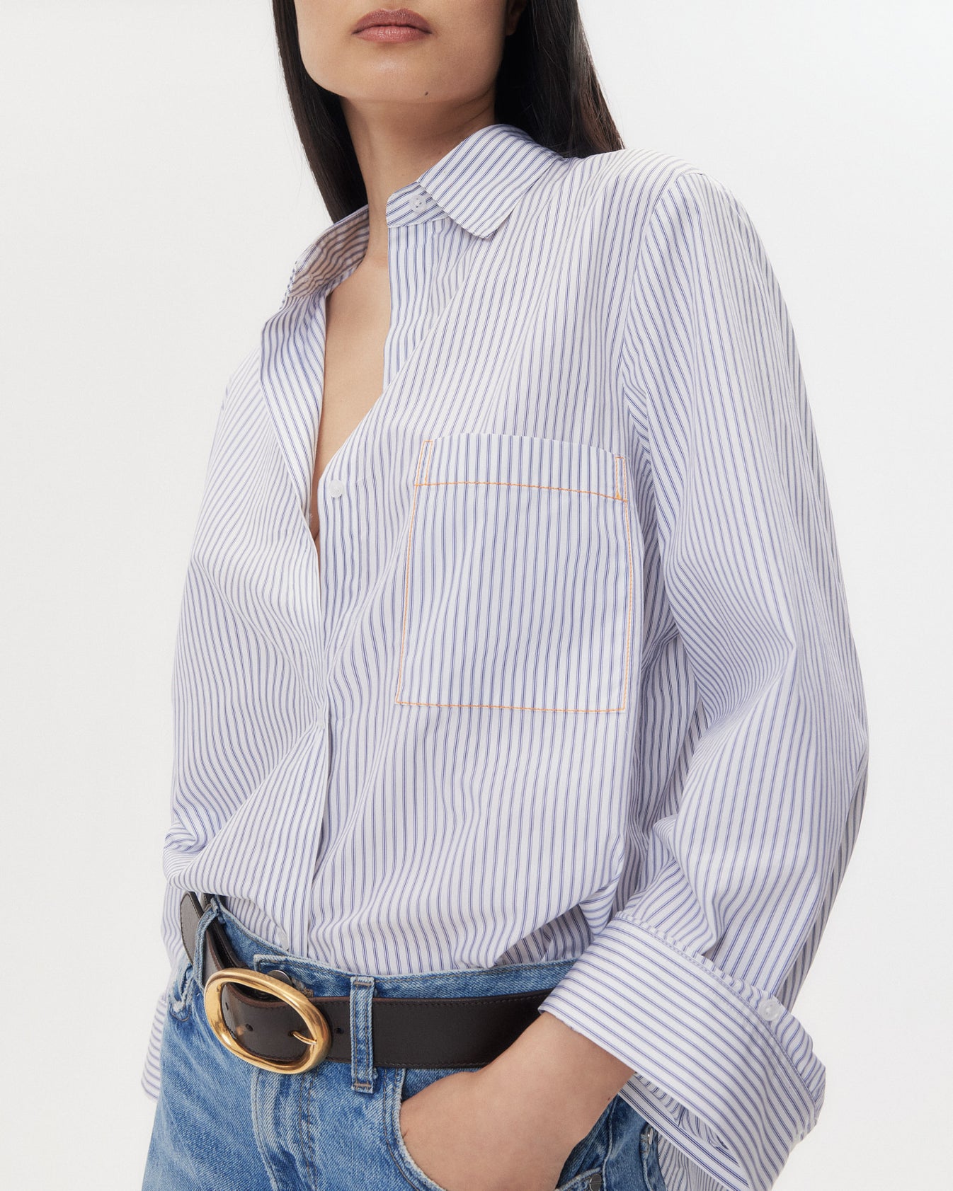 TWP White / midnight Next Morning Shirt with Stitched Pocket in Cotton Stripe view 1