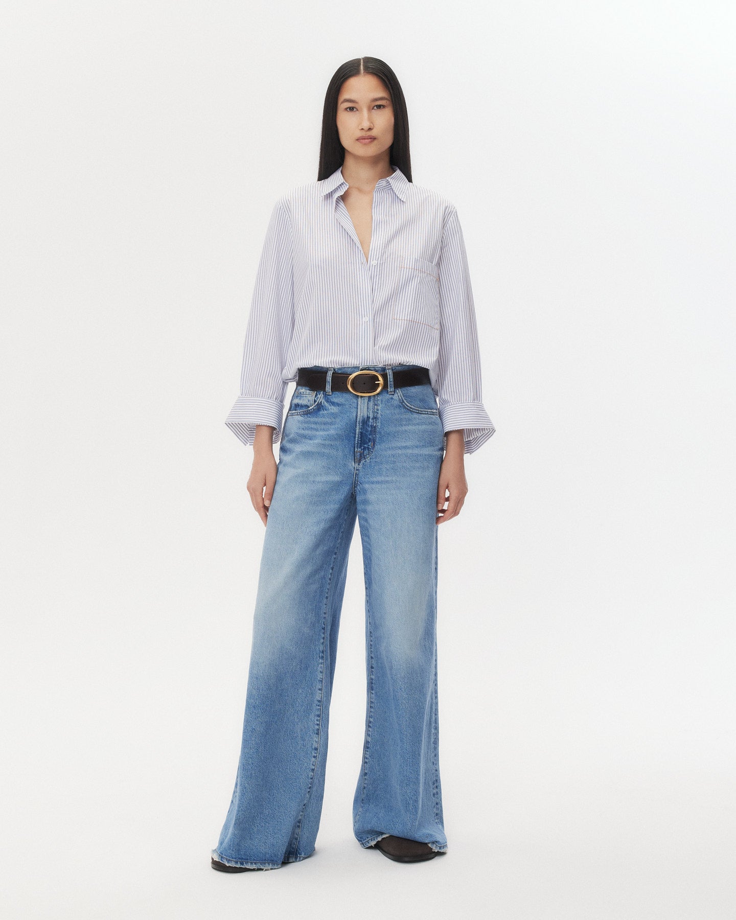 TWP White / midnight Next Morning Shirt with Stitched Pocket in Cotton Stripe view 3