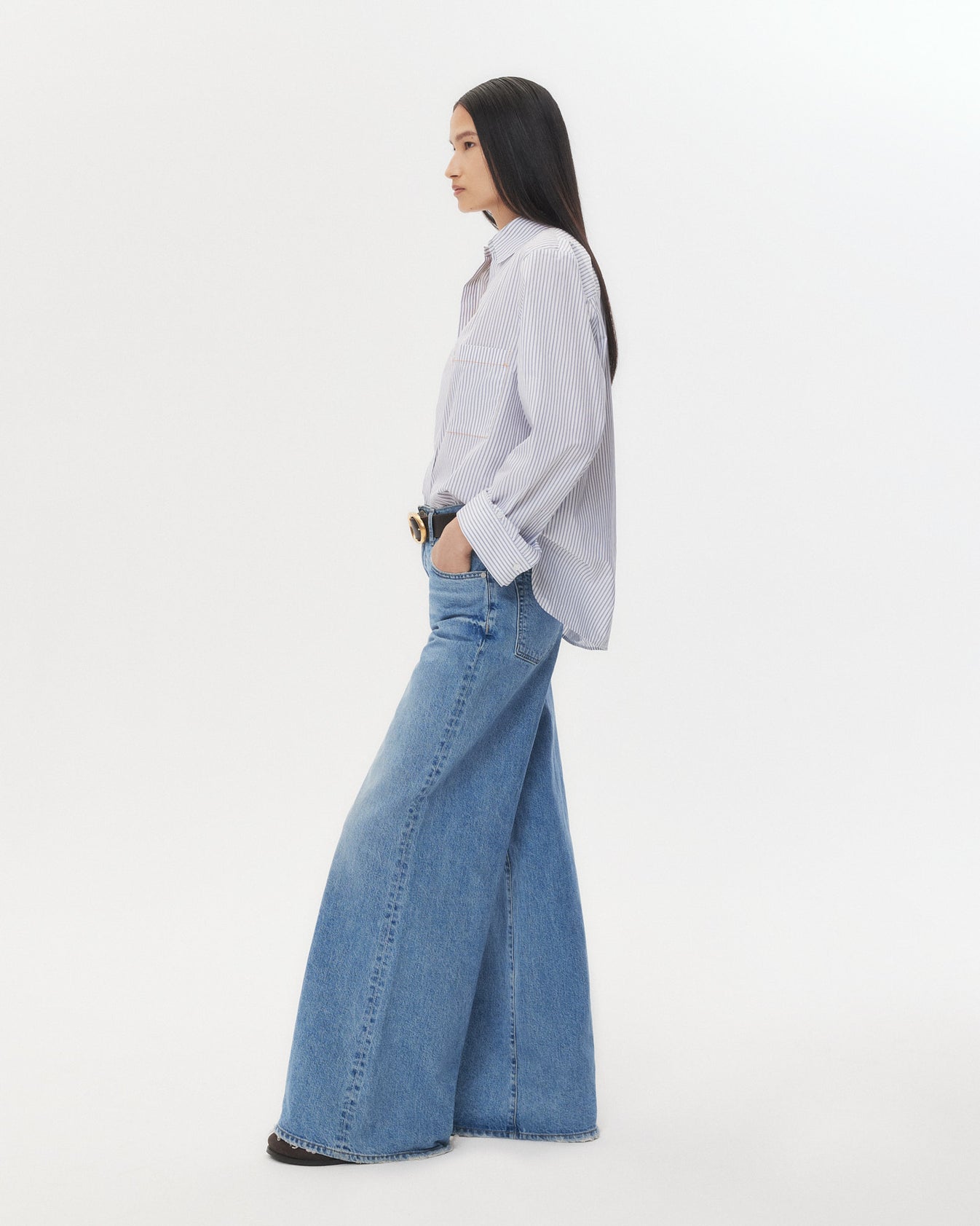 TWP White / midnight Next Morning Shirt with Stitched Pocket in Cotton Stripe view 4