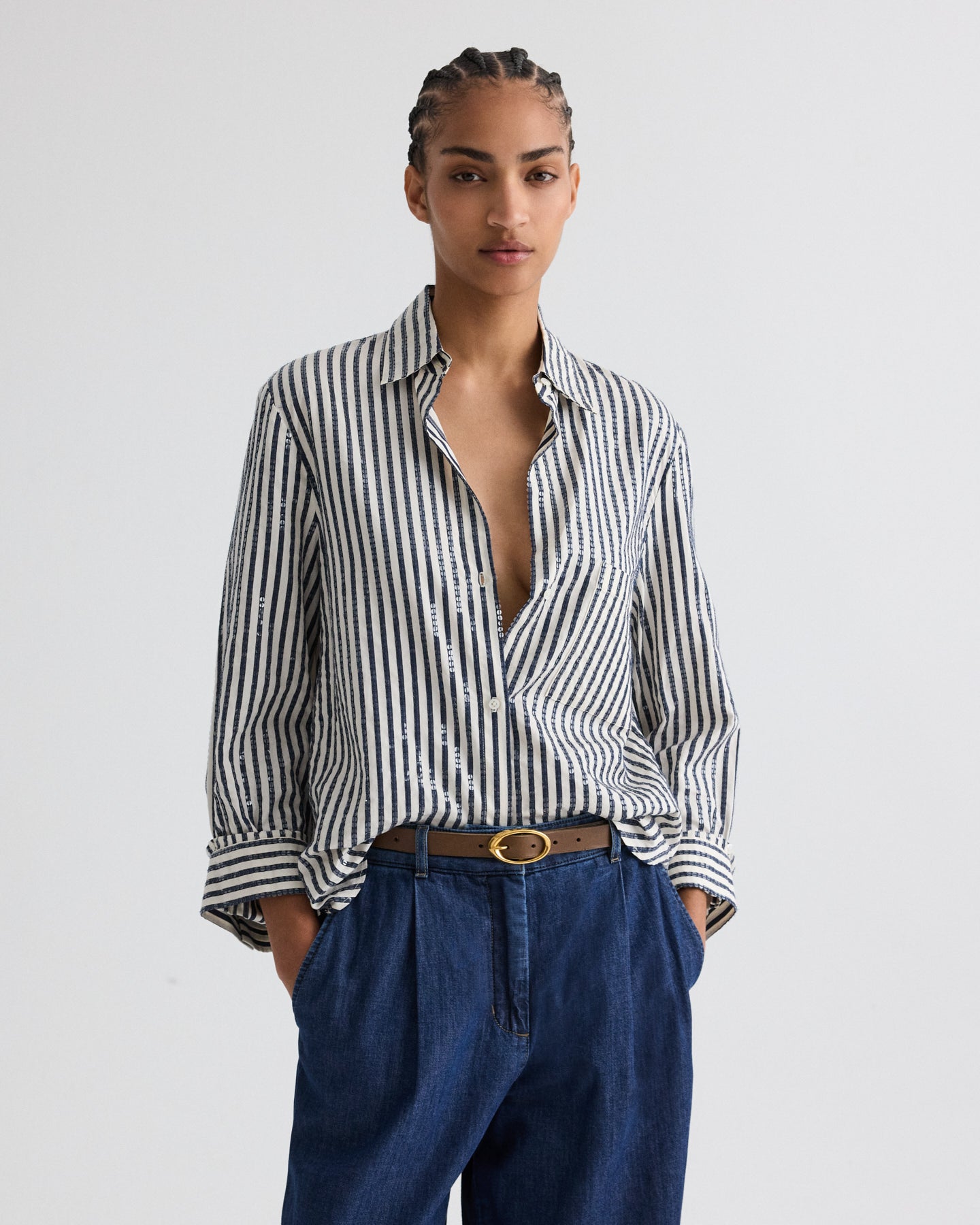 TWP Indigo / white Next Morning Shirt in Clear Sequin on Stripe view 2