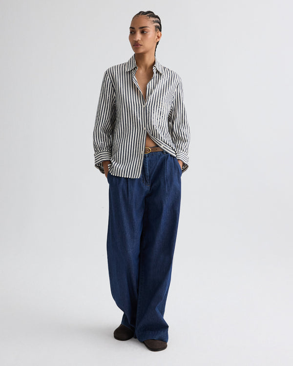 TWP Indigo / white Next Morning Shirt in Clear Sequin on Stripe view 3