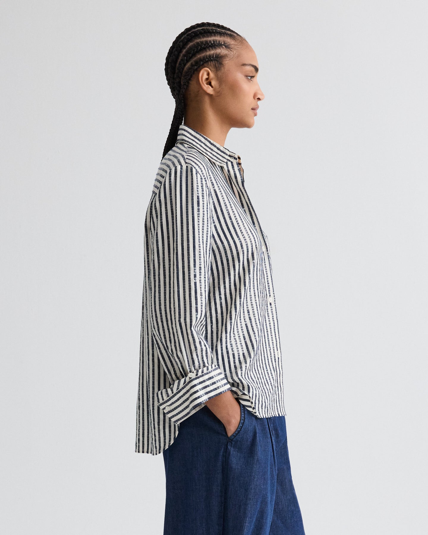 TWP Indigo / white Next Morning Shirt in Clear Sequin on Stripe view 4