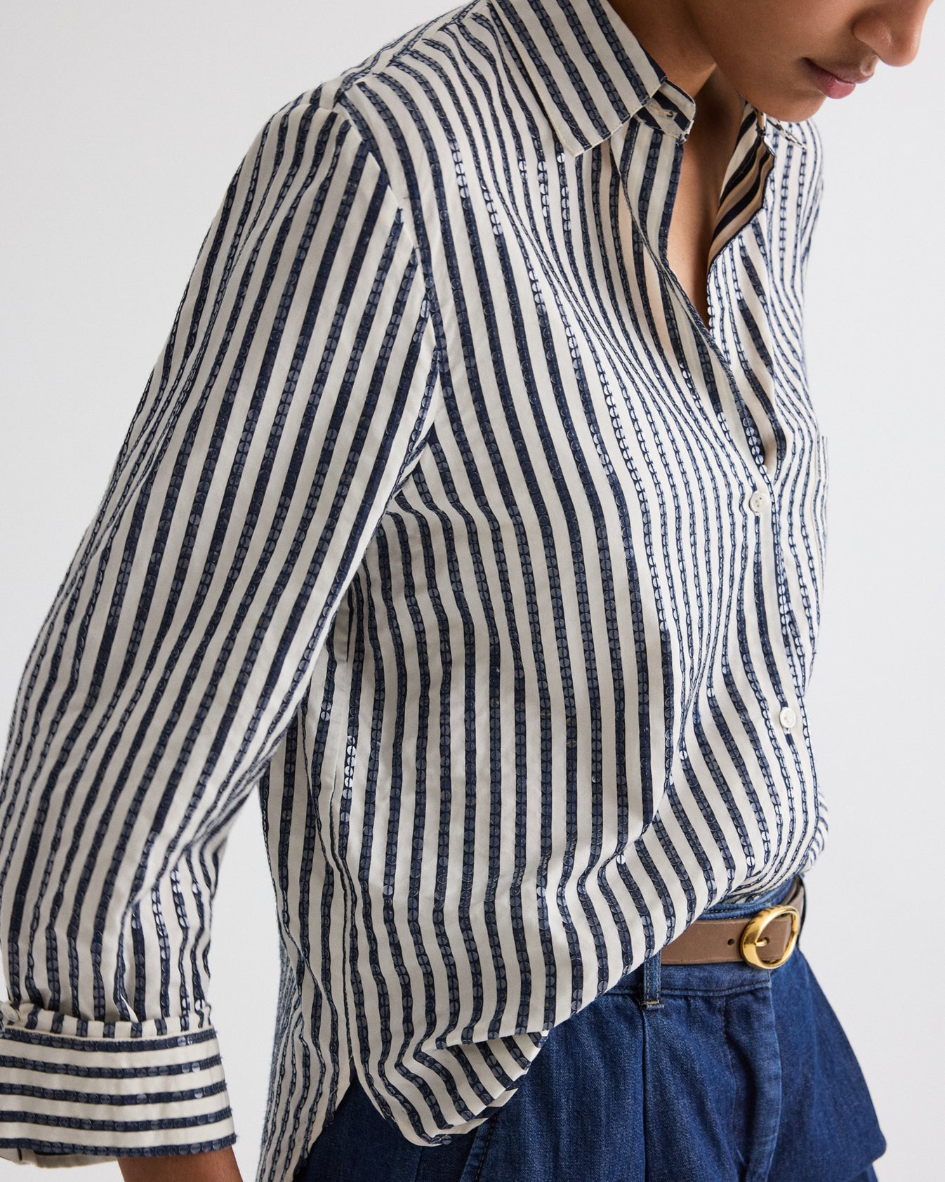 TWP Indigo / white Next Morning Shirt in Clear Sequin on Stripe view 1