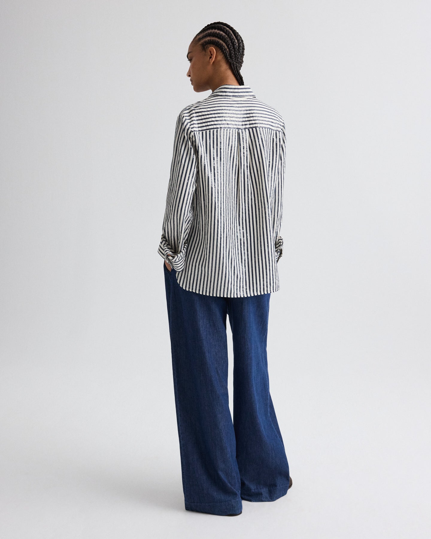 TWP Indigo / white Next Morning Shirt in Clear Sequin on Stripe view 5