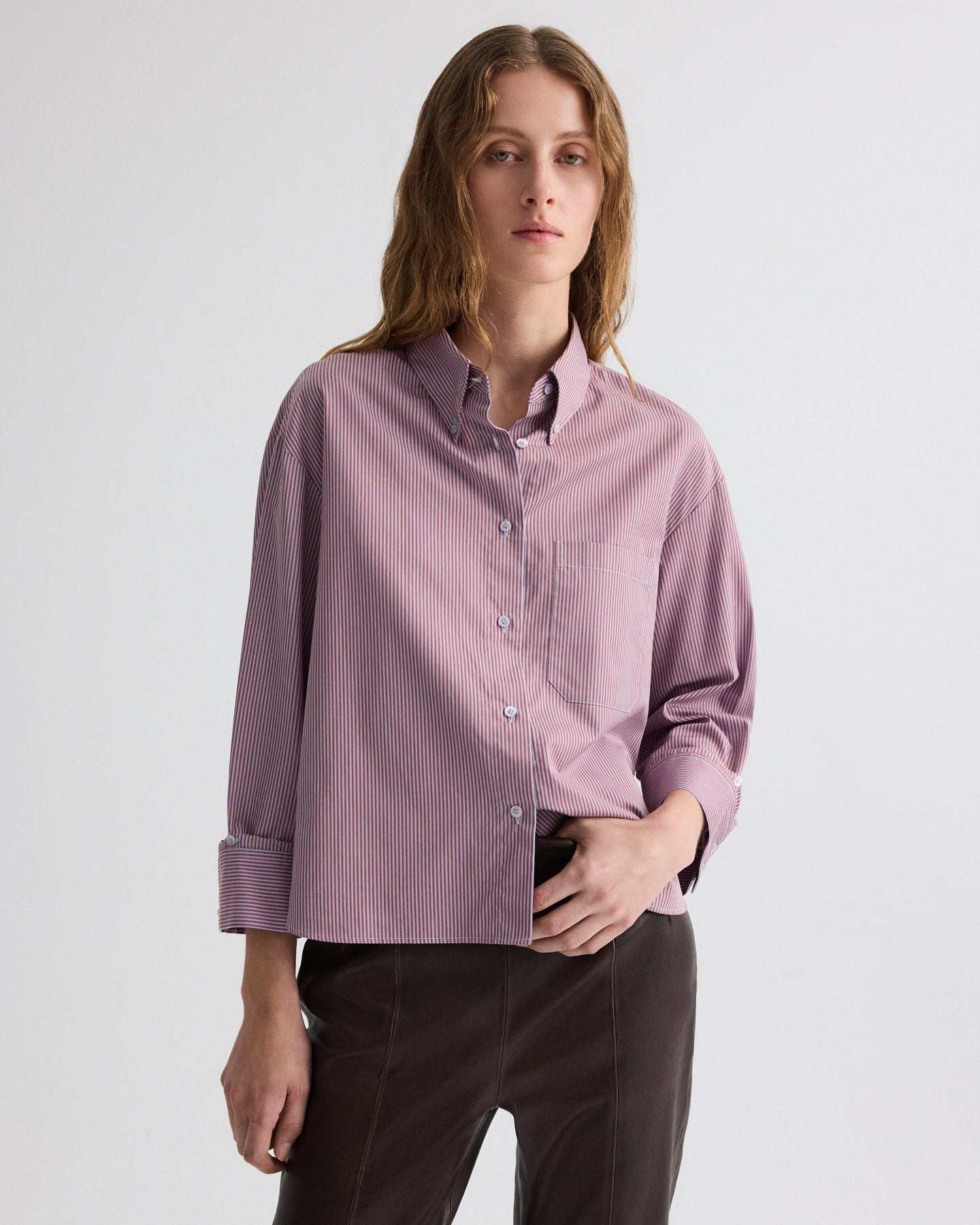 TWP Rust / blue J.D. Shirt in Framed Micro Striped Shirting view 4