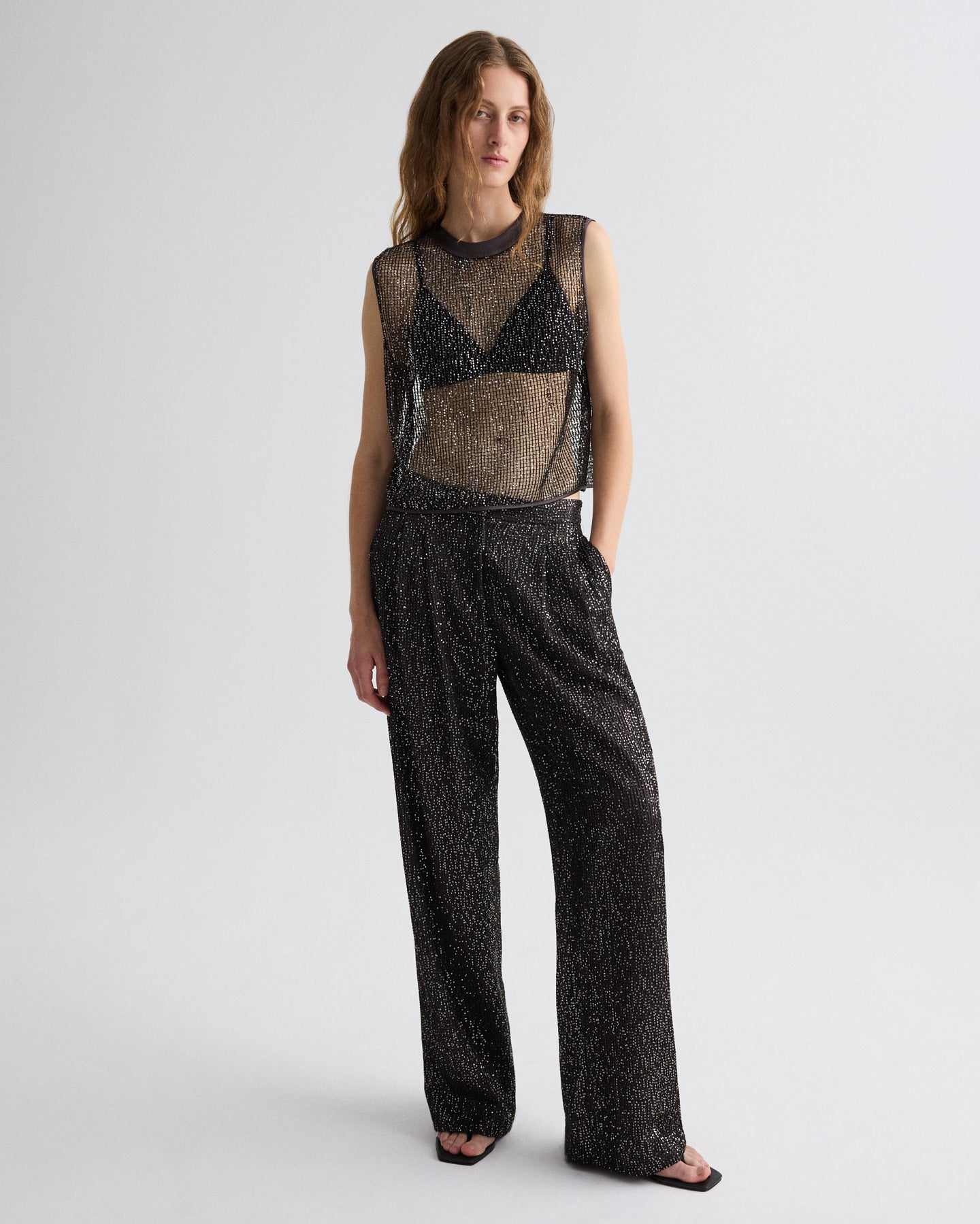 TWP Dark chocolate / silver Short Muscle Tank in Mini Sequin Netting view 2