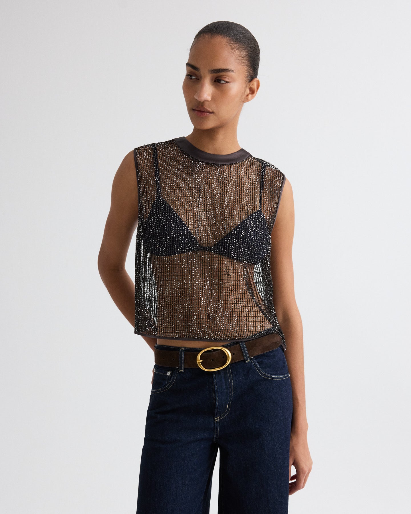 TWP Dark chocolate / silver Short Muscle Tank in Mini Sequin Netting view 8