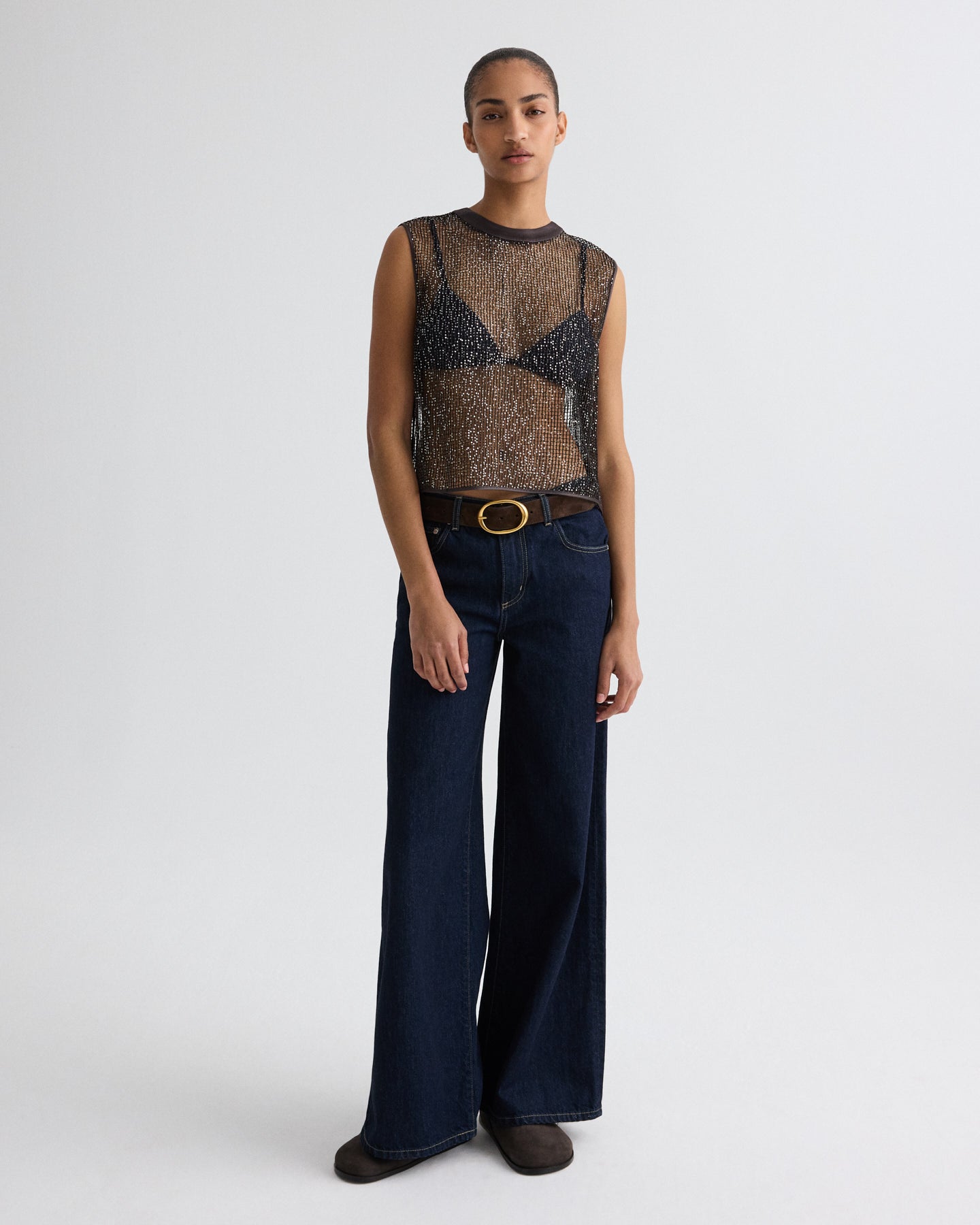 TWP Dark chocolate / silver Short Muscle Tank in Mini Sequin Netting view 7