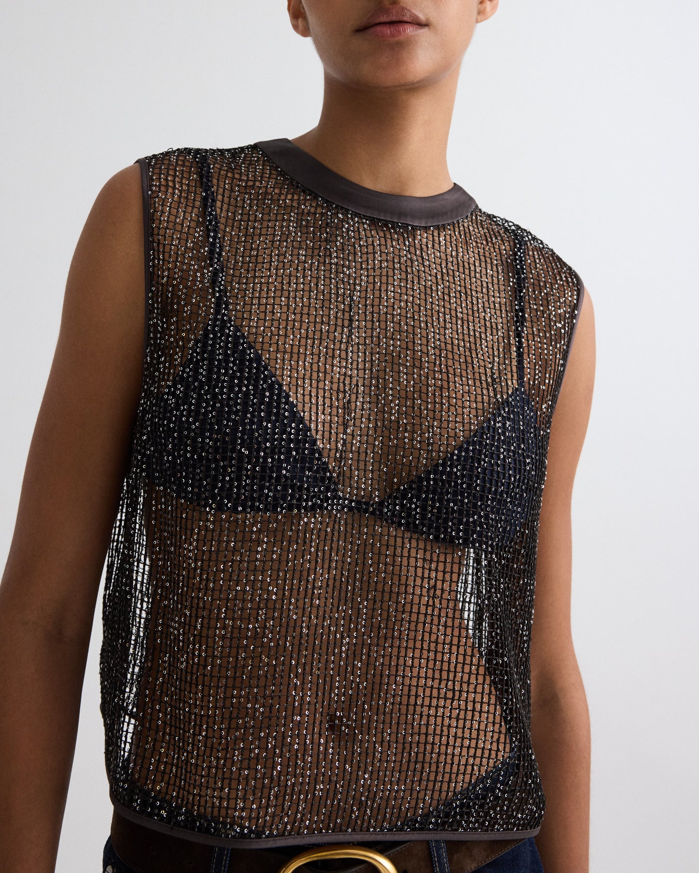 TWP Dark chocolate / silver Short Muscle Tank in Mini Sequin Netting view 6