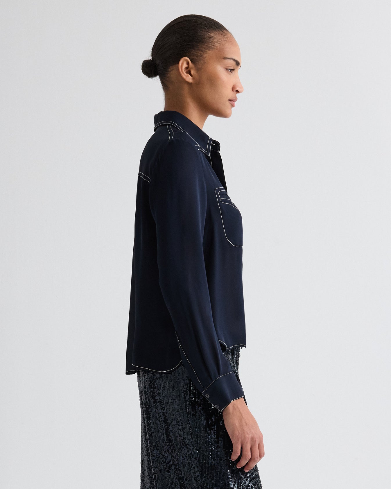 TWP Midnight Carter Shirt with Topstitch in Silk Georgette view 4