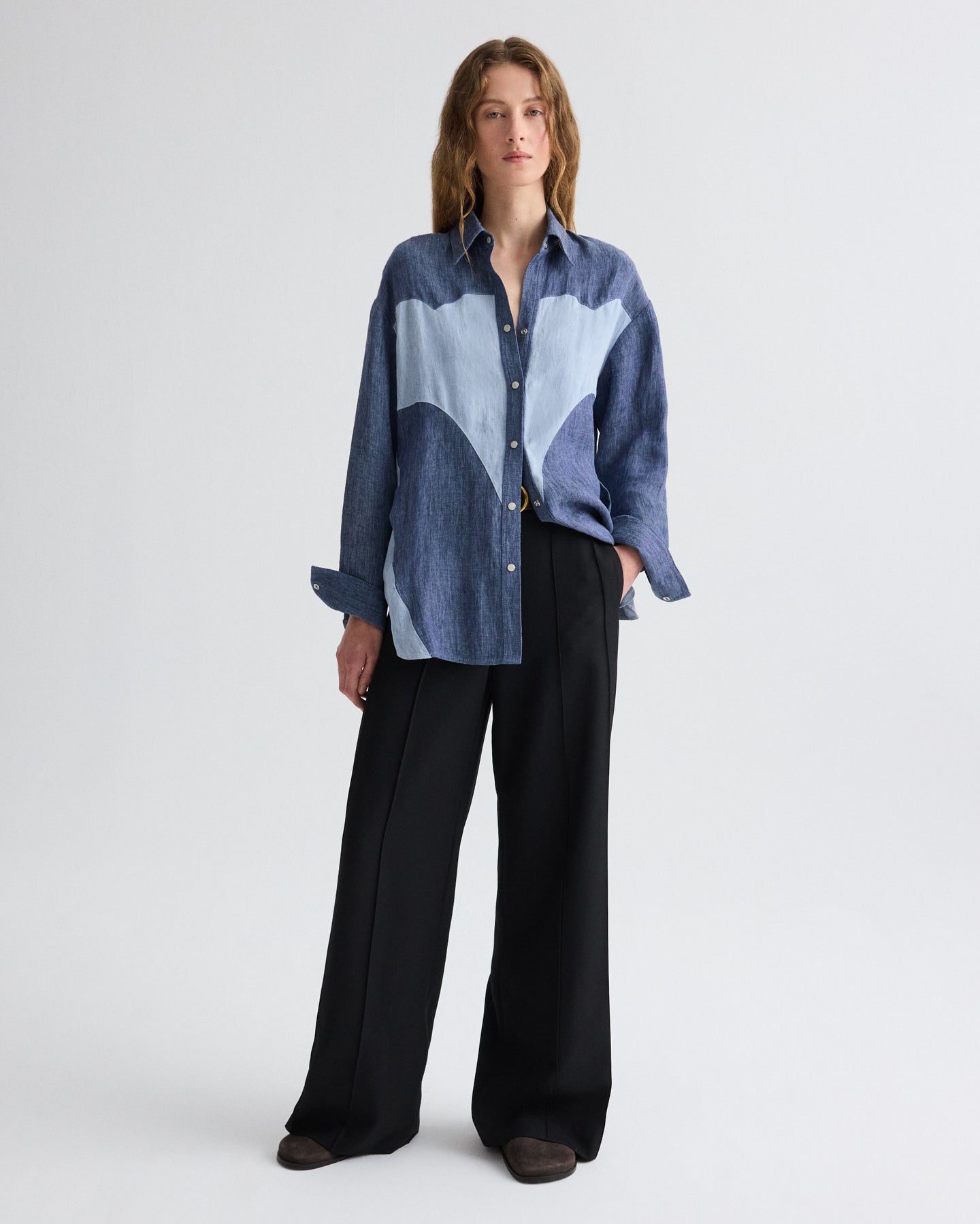 TWP Medium indigo / light indigo Austin Shirt in Washed Hemp Denim view 3