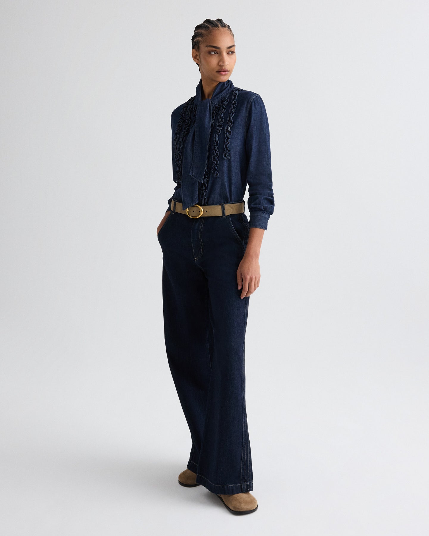 TWP Indigo resin Connor Top in Denim Shirting view 3
