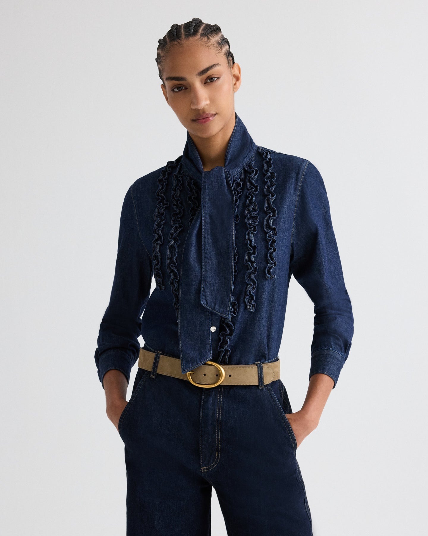 TWP Indigo resin Connor Top in Denim Shirting view 1